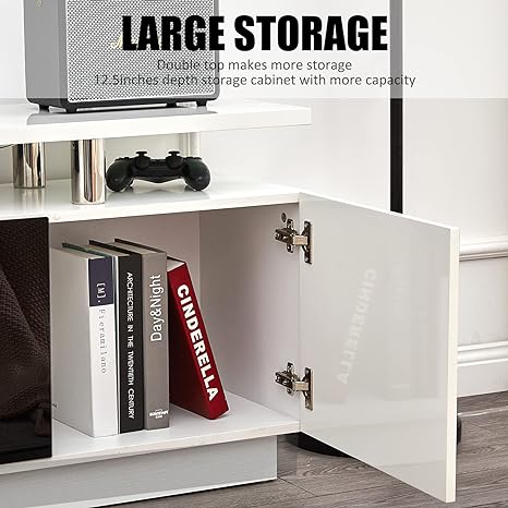 Amerlife Fireplace TV Stand with 36in Fireplace, 70in Modern High Gloss Entertainment Center LED Lights, 2 Tier Console Cabinet for TVs Up to 80in, White