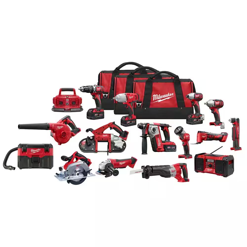 Milwaukee M18 18V Lithium-Ion Cordless Combo Tool Kit (15-Tool) with Four 3.0 Ah Batteries, (1) Charger, (3) Tool Bag