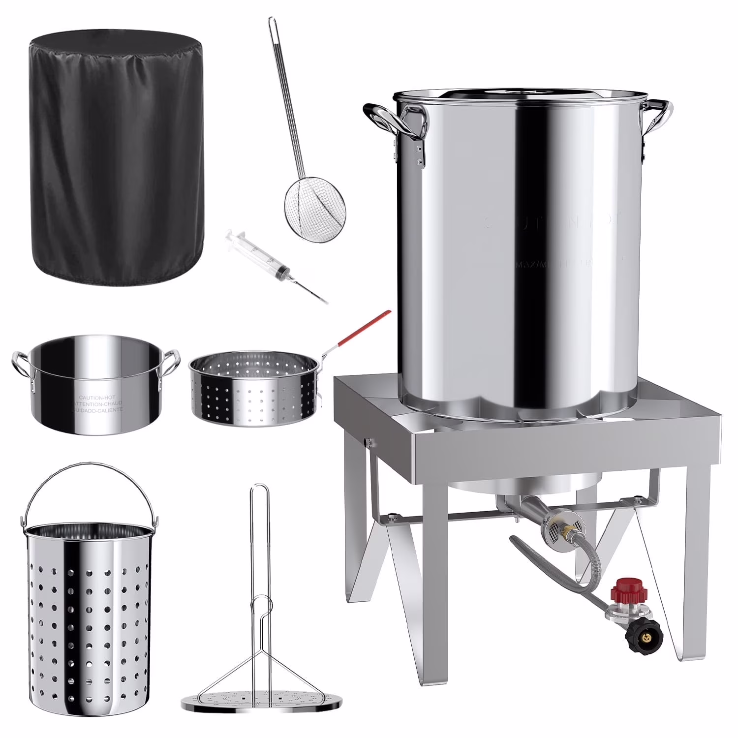 30QT Stainless Steel Turkey Fryer Kit, Stainless Steel Stand with 55,000BTU Propane Burner Stove, Waterproof Cover & Skimmer, Turkey Deep Fryer Pot, Outdoor Fish Fryer, Crawfish Boiler