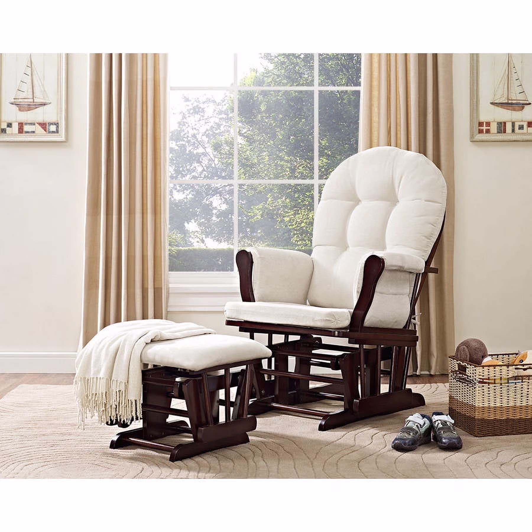 Angel Line Windsor Glider and Ottoman, Natural Finish with Gray Cushions