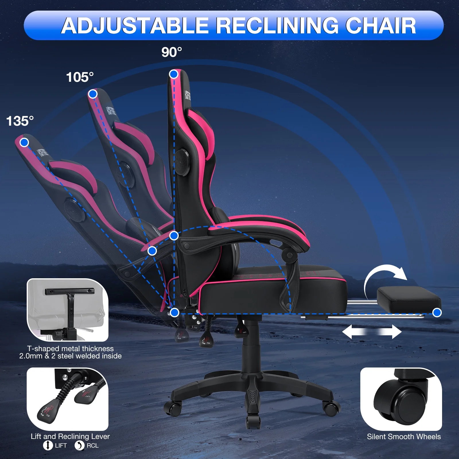 Hoffree Gaming Chair with Speakers PU Gamer Chair with footrest and massage Egonomic Computer Game Chair with Headrest and Lumbar Support for Adults and Office Gaming, 440 LBS