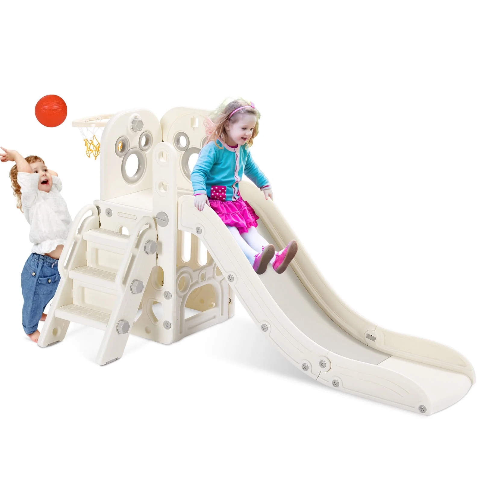 Arlopu Sturdy Toddler Slide with Basketball Hoop Plastic Kids Slide Climber with Anti-Slip Steps Indoor Outdoor Children Toy Playground