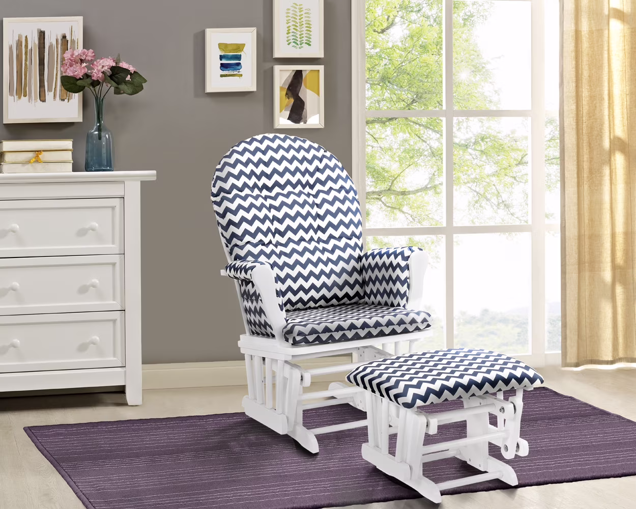 Angel Line Windsor Glider and Ottoman, Natural Finish with Gray Cushions