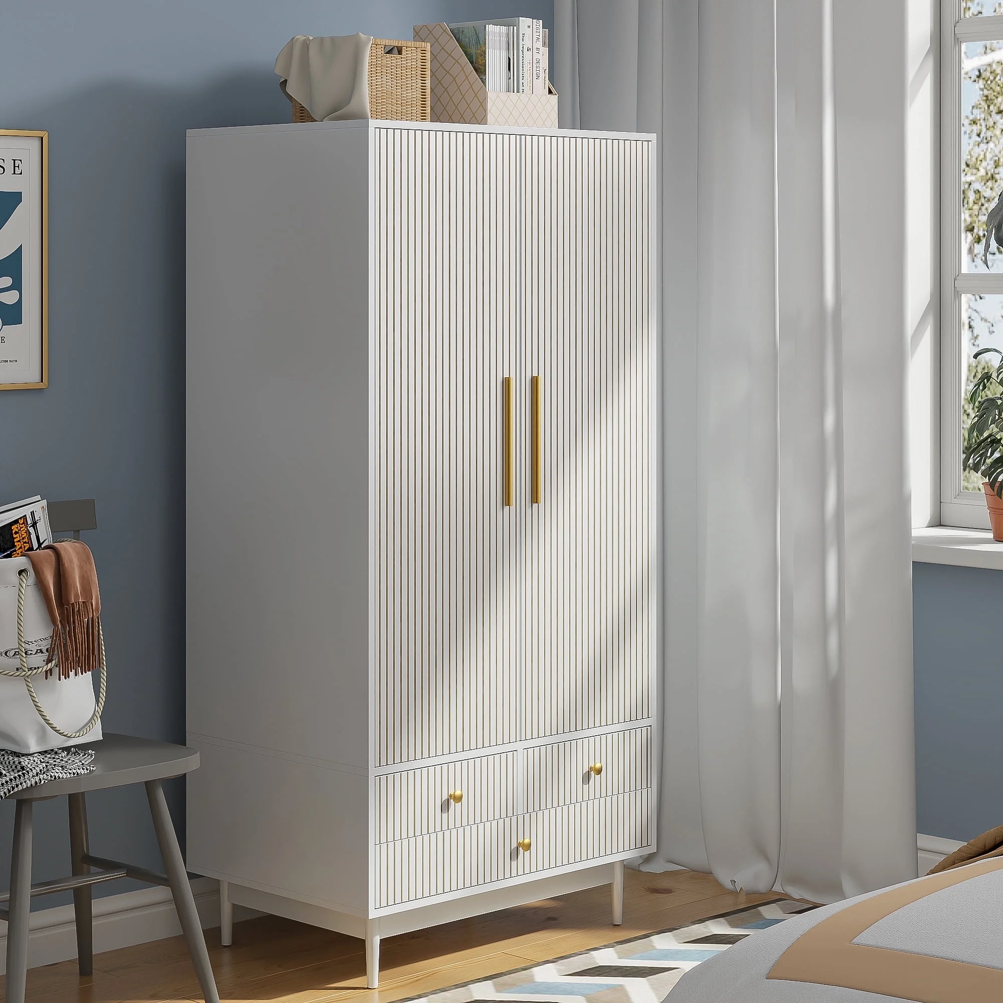 Armoire Wardrobe Closet, Closet Wardrobe Cabinet with Drawers and Hanging Rail for Bedroom, White