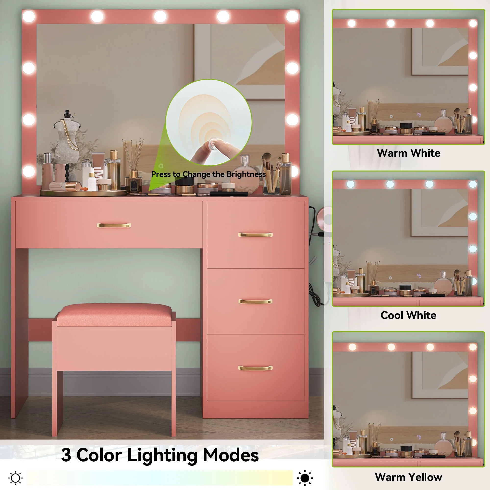 Dextrus Makeup Vanity Desk with Large Lighted Mirror and Storage - Enhance Your Beauty, Routine 4 Drawer Vanity Table with Cushioned Stool, Milky-White