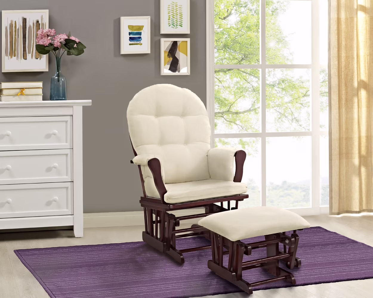 Angel Line Windsor Glider and Ottoman, Natural Finish with Gray Cushions