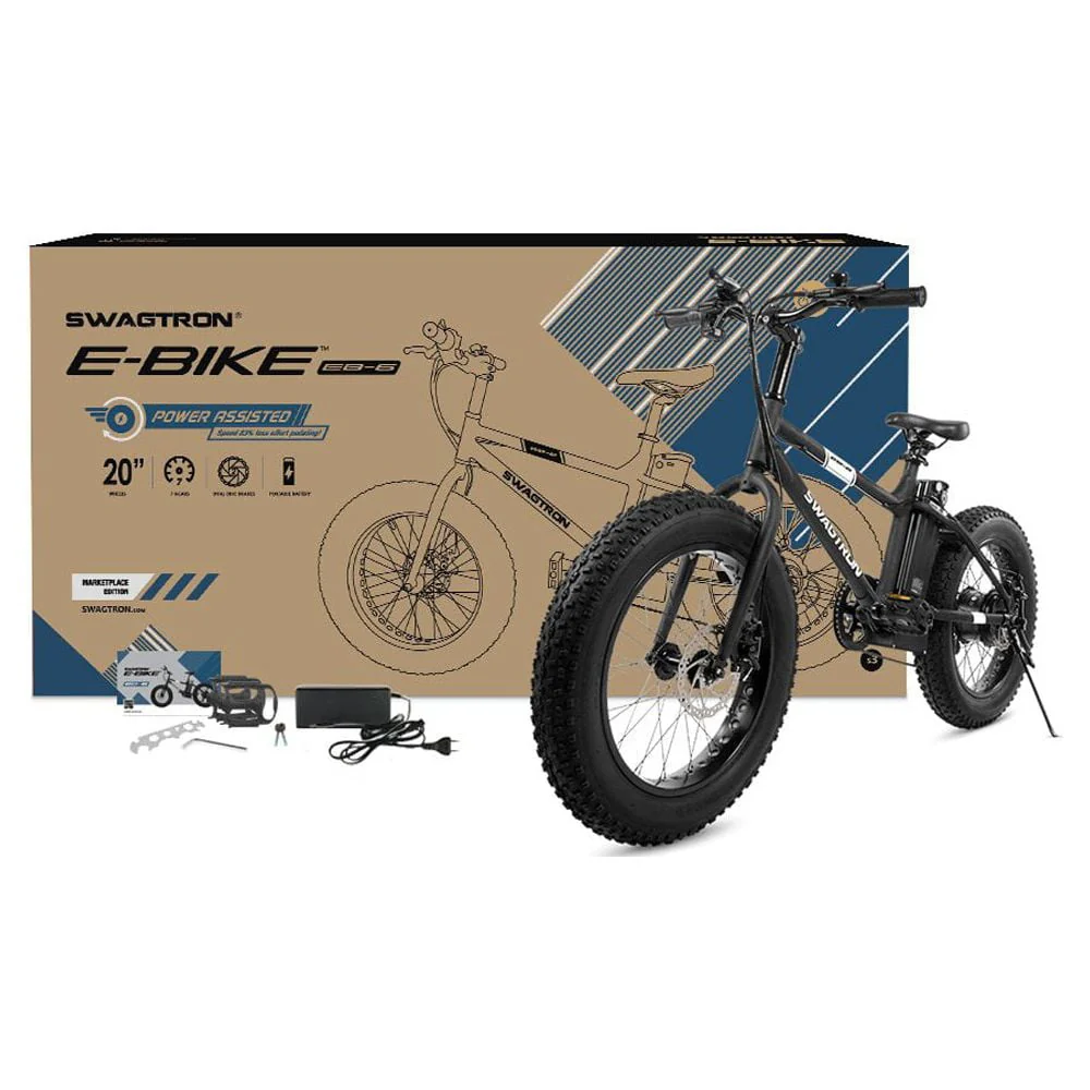 Swagtron EB6 Electric Bike Black 350W Motor Power Assist 4 In. Tires 20 In. Wheels Removable 36 V Battery Dual Disc Brakes 7 Speed Shimano SIS Shifting For Trail Riding