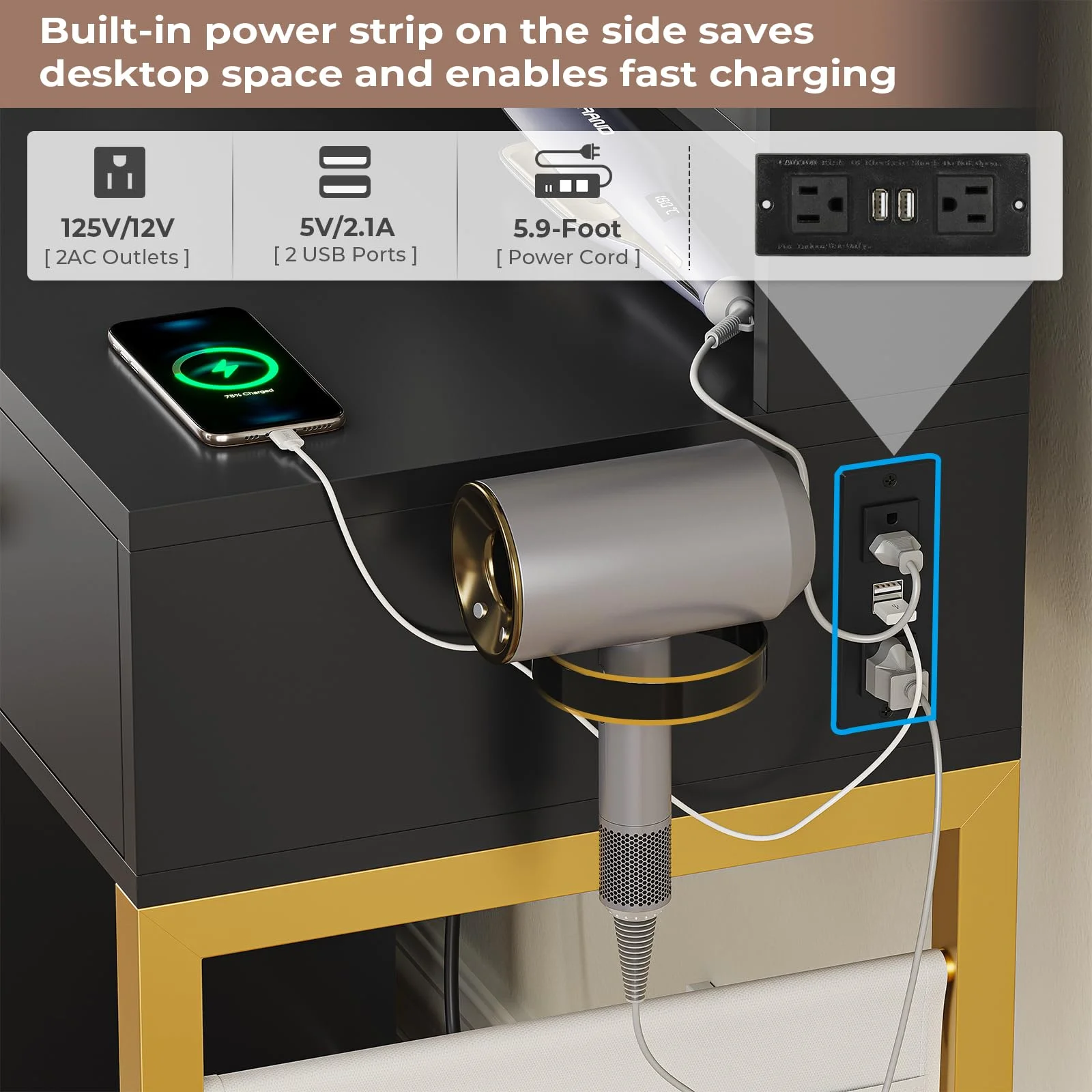 Makeup Vanity Desk with Lighted Mirror & Charging Stations & 6 Drawers Large Vanity Table Bedroom Dressing Table with Glass Tabletop&Side Cabinet&Glass Tabletop, Black