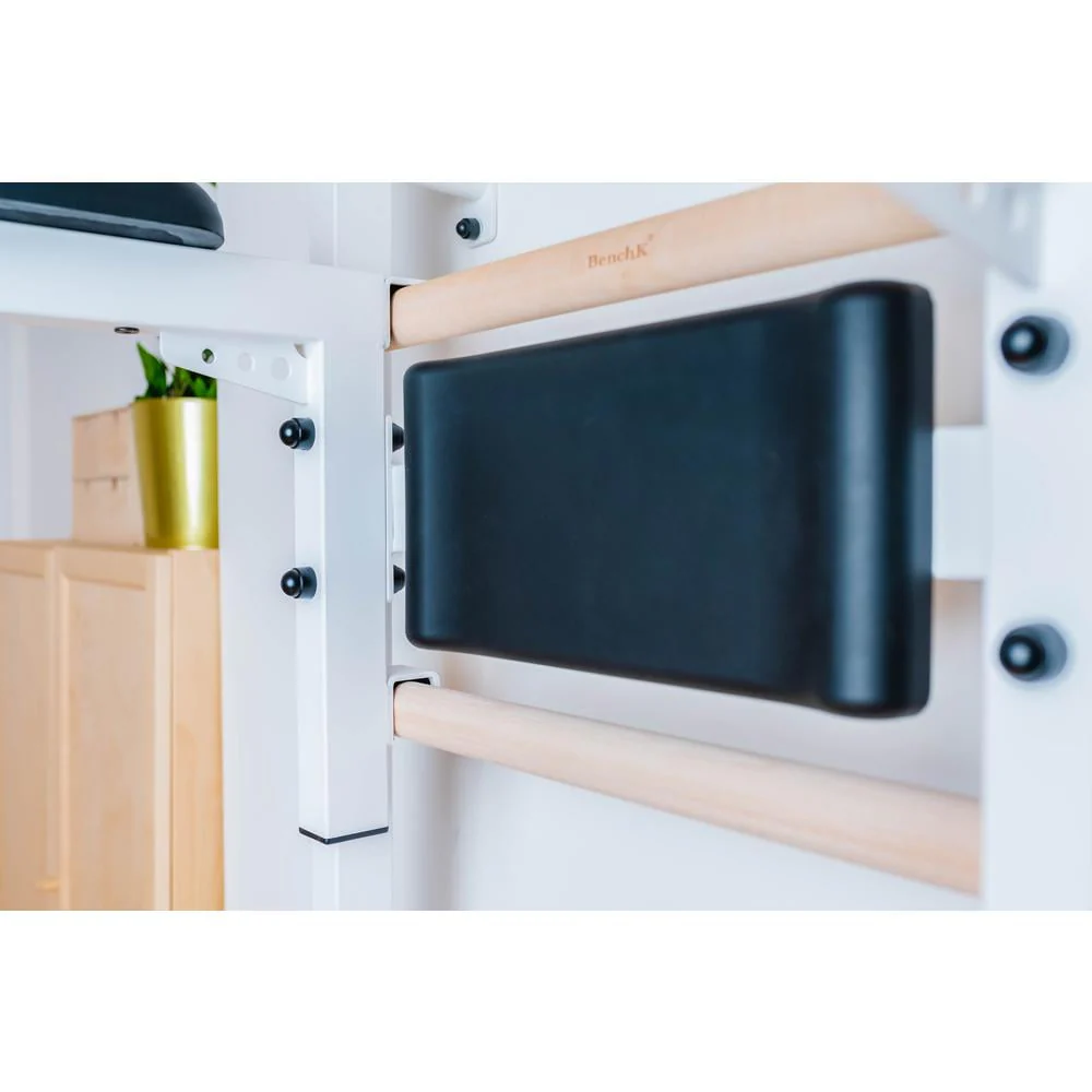 BenchK 733 White Wall bars with convertible steel 6-grip pull-up bar that can also be used as a barbell holder, dip bar with back support and advanced workout bench