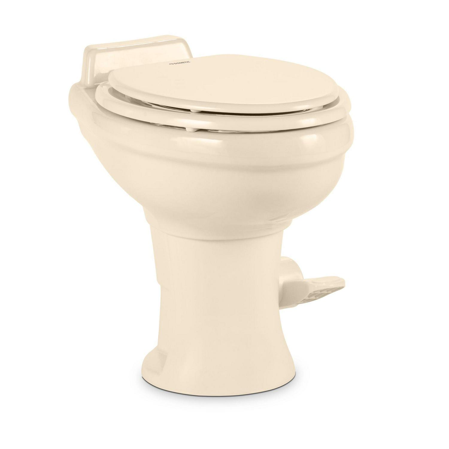 Dometic 320 RV Toilet - Gravity Flush with enameled wood seat - Standard Height Flush with Foot Pedal for RVs. Trailers. and Outdoor Campers