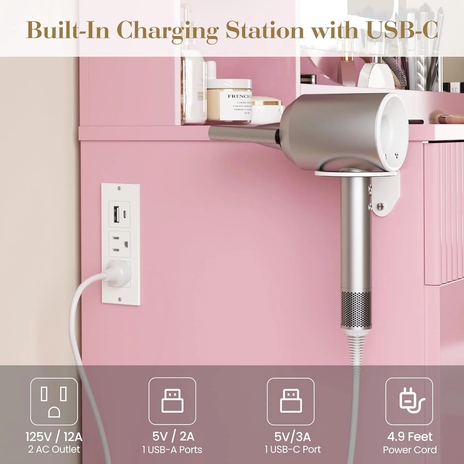 M optimized Vanity Desk with Mirror and Lights, Power Outlets Makeup Table with Drawers & Cabinet, Storage Stool, Dressing Table for Bedroom