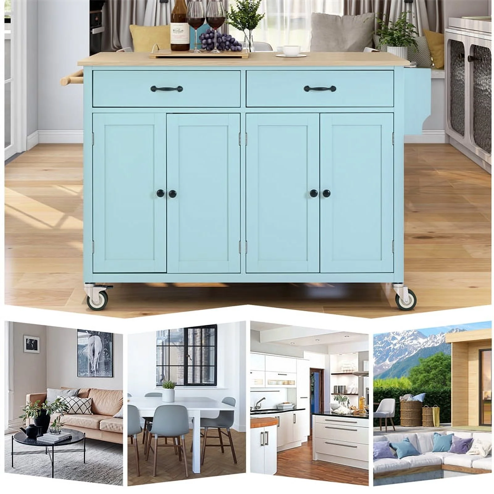 Kitchen Storage Islands&Carts with Solid Wood Top and Locking Wheels, Kitchen Island Cart with 4 Door Cabinet and Two Drawers, Kitchen Cabinets for Kitchen and Dining Room, Green