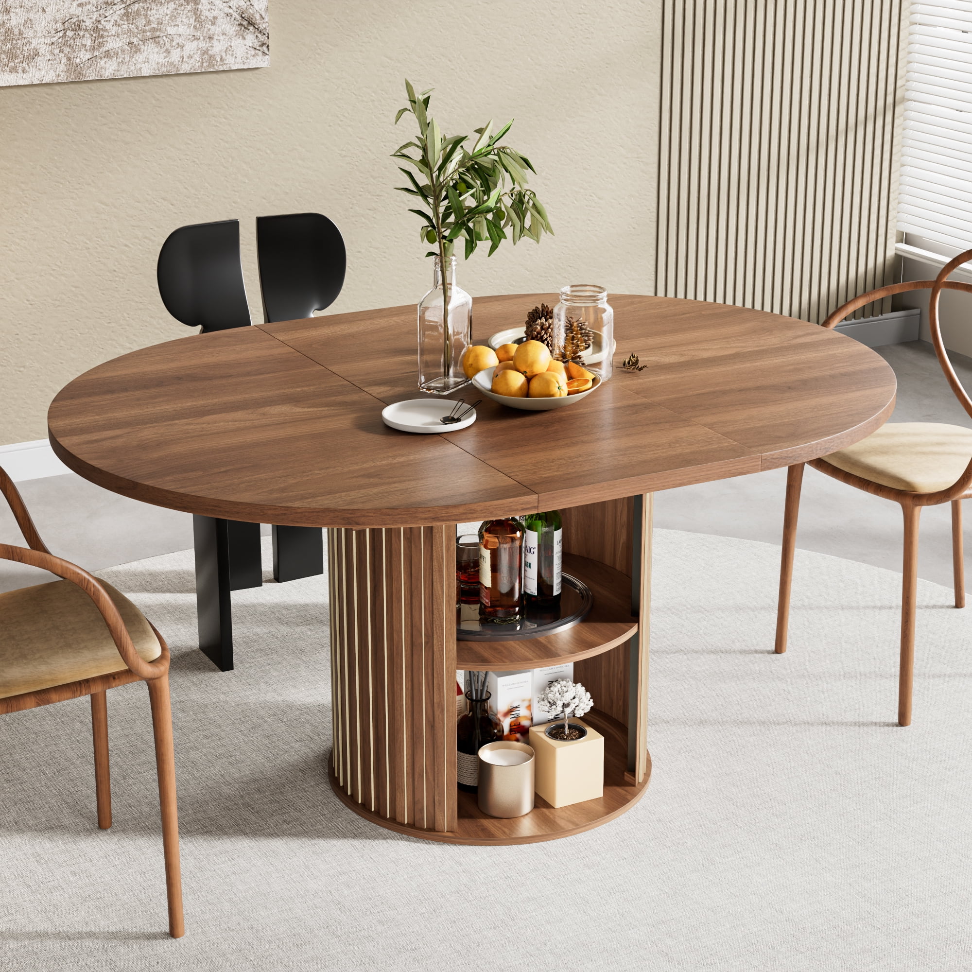 Extendable Dining Table for 4-6, Round Kitchen Table with Storage Shelf, Oval Dining Tables for Living Room (Walnut)