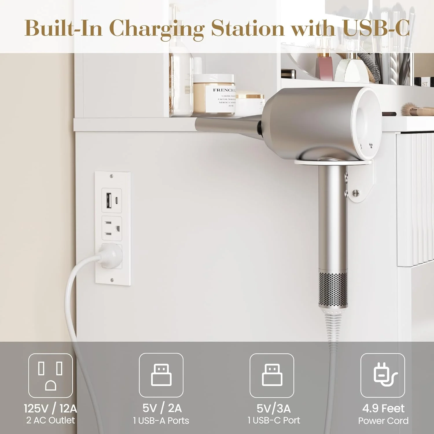 M optimized Vanity Desk with Mirror and Lights, Power Outlets Makeup Table with Drawers & Cabinet, Storage Stool, Dressing Table for Bedroom