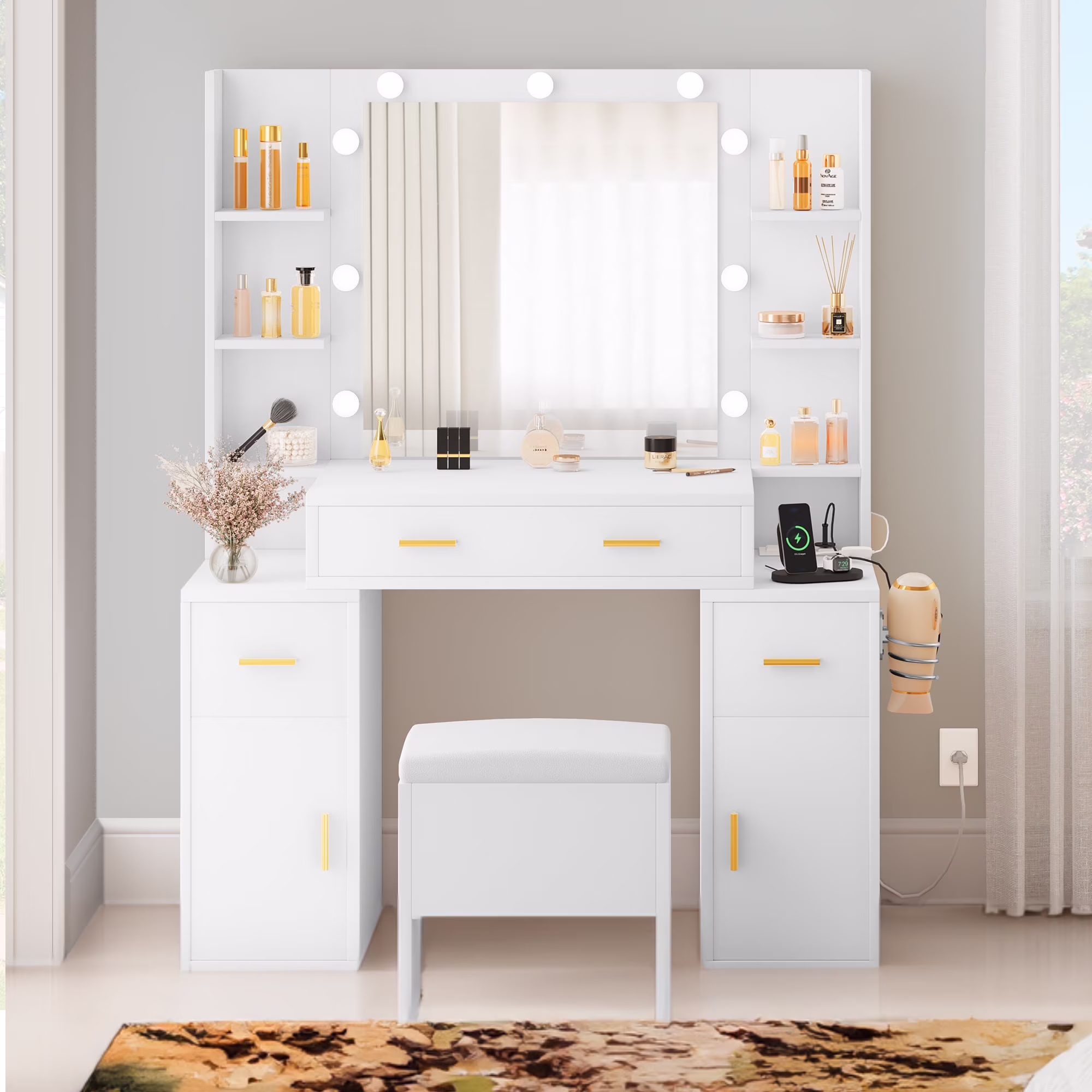 Dextrus Elegant Makeup Vanity Set with Lighted Mirror and Drawers, White Makeup Desk,Dressing Table for Girls