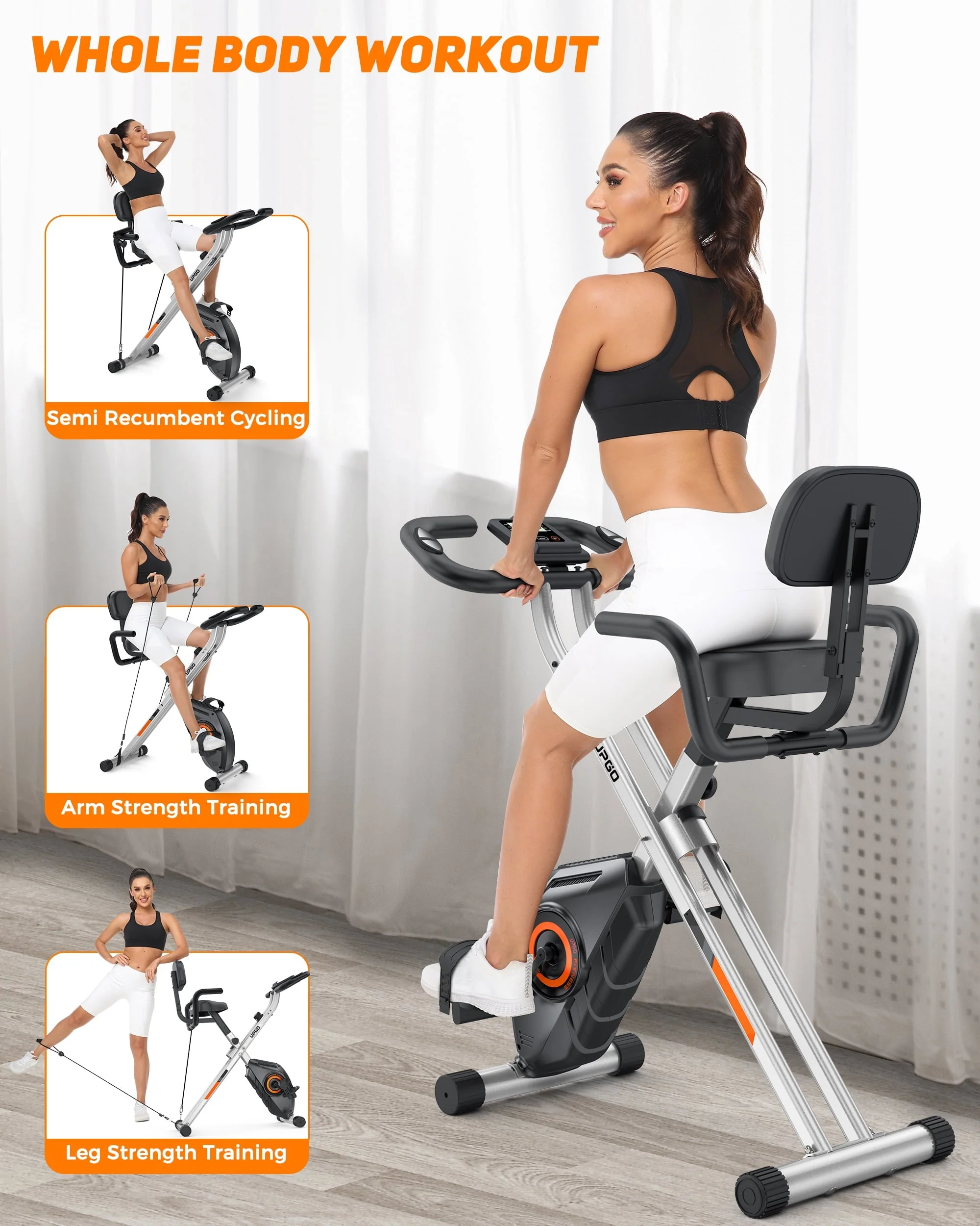 UPGO Folding Exercise Bike - 4 in 1 Upright Indoor Cycling Bike with 350lbs Capacity Foldable Stationary Bike  with Large Comfortable Seat Cushion and Arm Resistance Band, Pulse Sensor