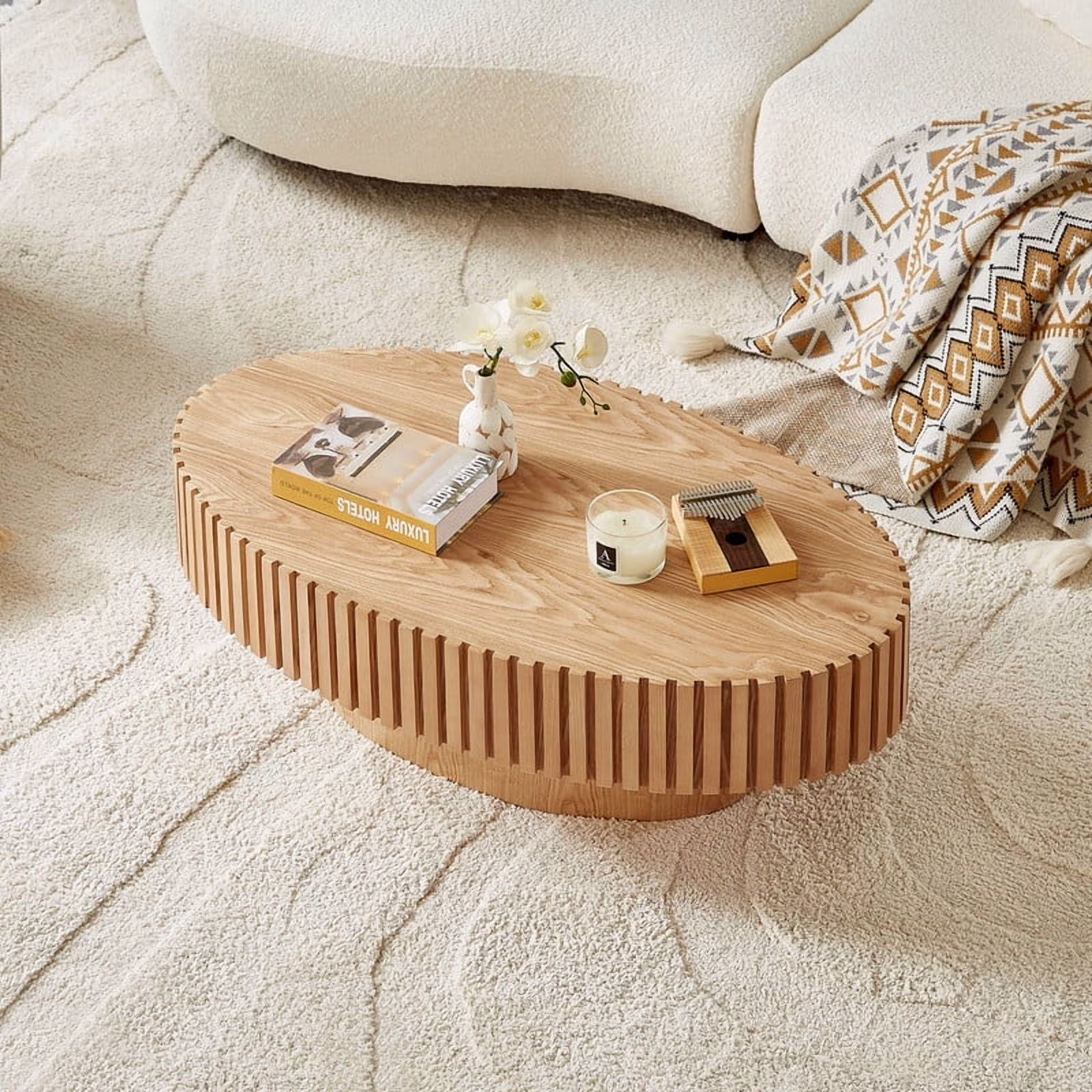FFH 43.7 inch Oval Coffee Table for Living Room,Handcraft Rustic Corner Coffee Table Nature Wood Relief Sturdy Pedestal for Apartmen,Side Table Centre Table,Nature Wood