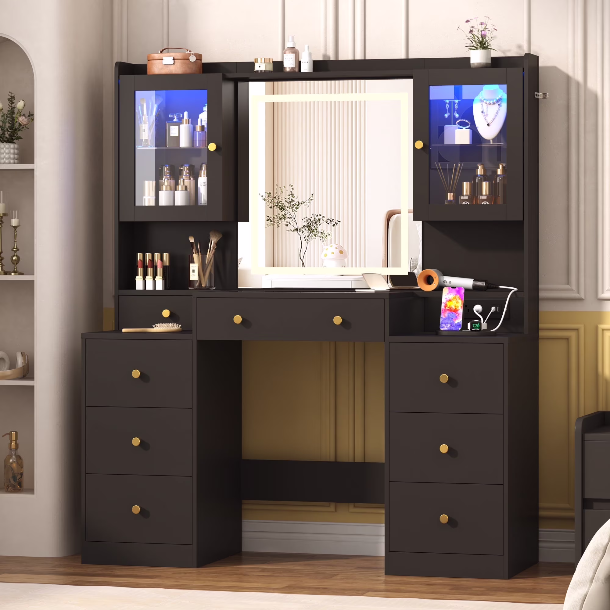 ChVans 62'' Large Vanity Desk with Tempered Glass Top, 60000-color LED Lights, Charging Station, White Makeup Vanity with 3 Lights Mode LED Mirror, 9 Drawers, 2 RGB cabinets for Women, Girls Gift