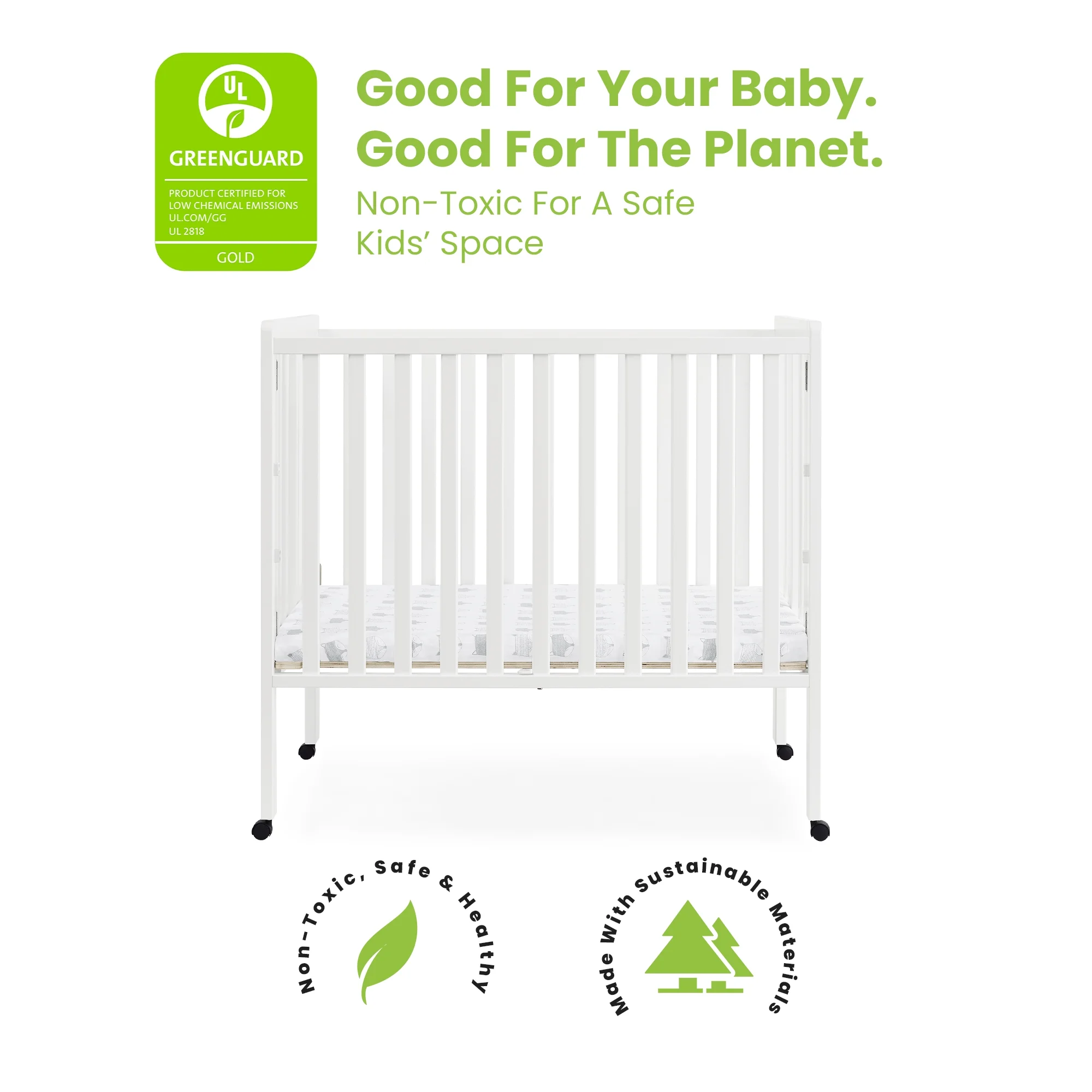Delta Children Lee Portable Folding Mini Crib with 1.5-Inch Mattress - Greenguard Gold Certified, Bianca White