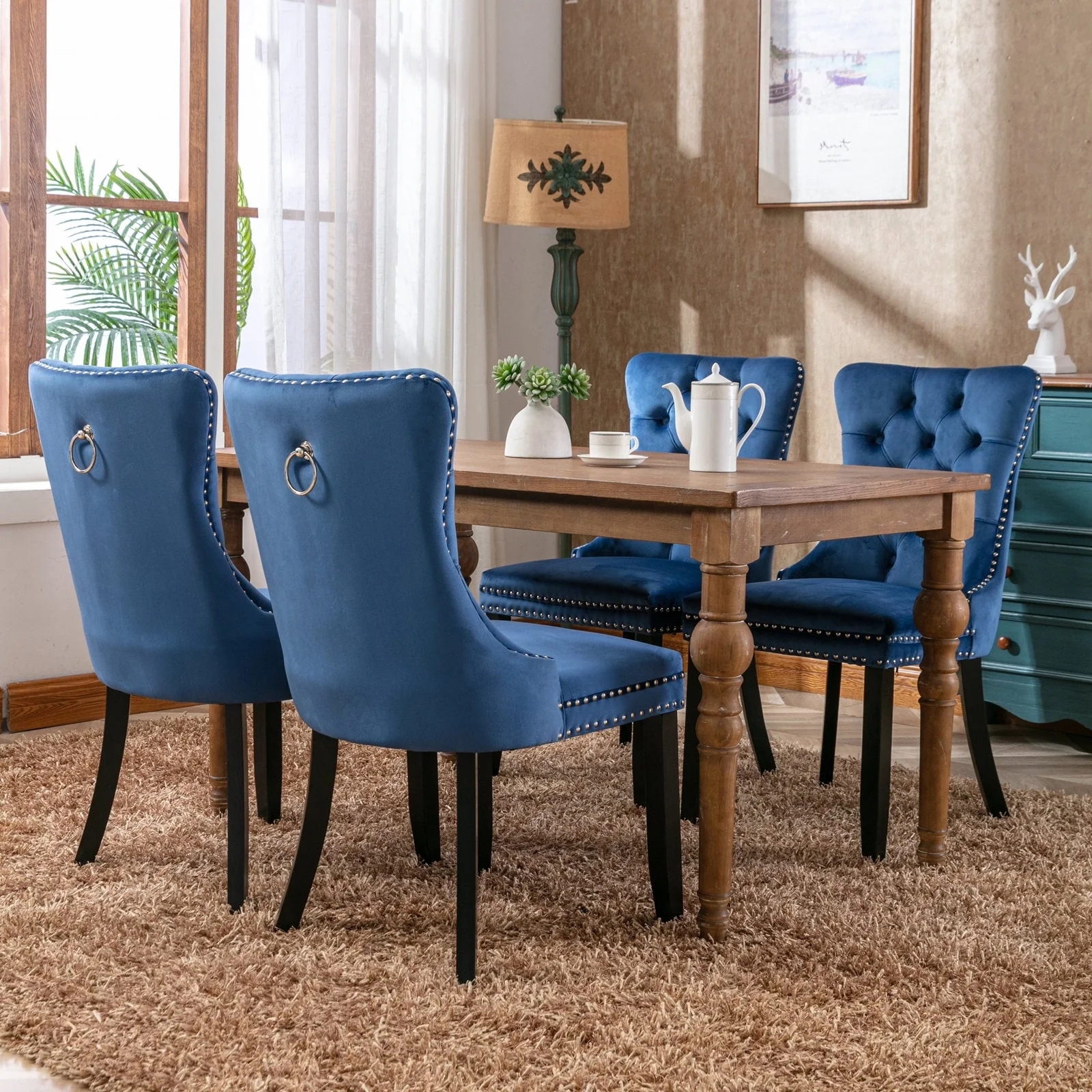 Elegant Button Tufted Dining Chairs, High-end Velvet Upholstered Dining Chairs with Nailhead Back and Ring Pull Trim, Solid Wood Dining Chairs for Kitchen Bedroom Dining Room (Blue,Set of 4)