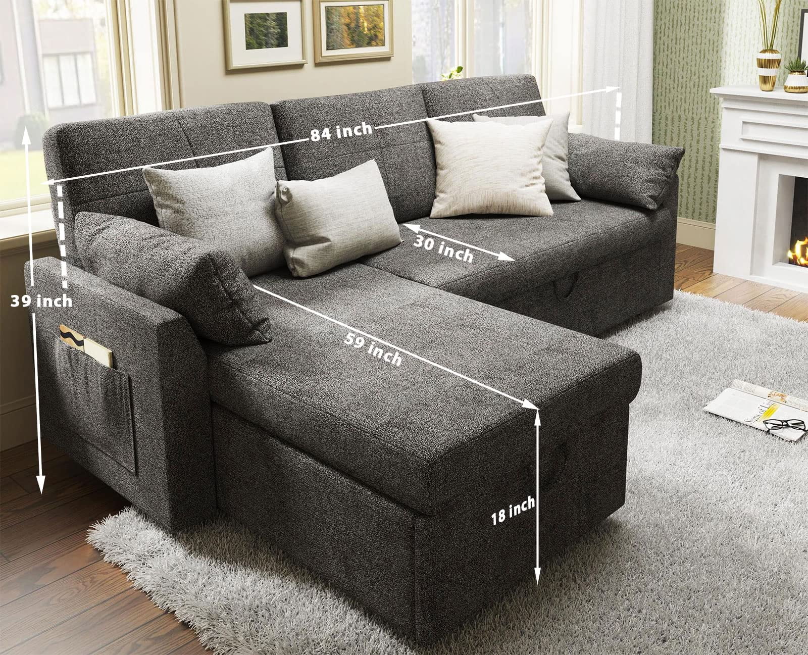 VANACC Sofa Bed, Adult Sleeper Sofa with Storage Chaise, Pull Out Couch for Bed Room, Gray Chenille