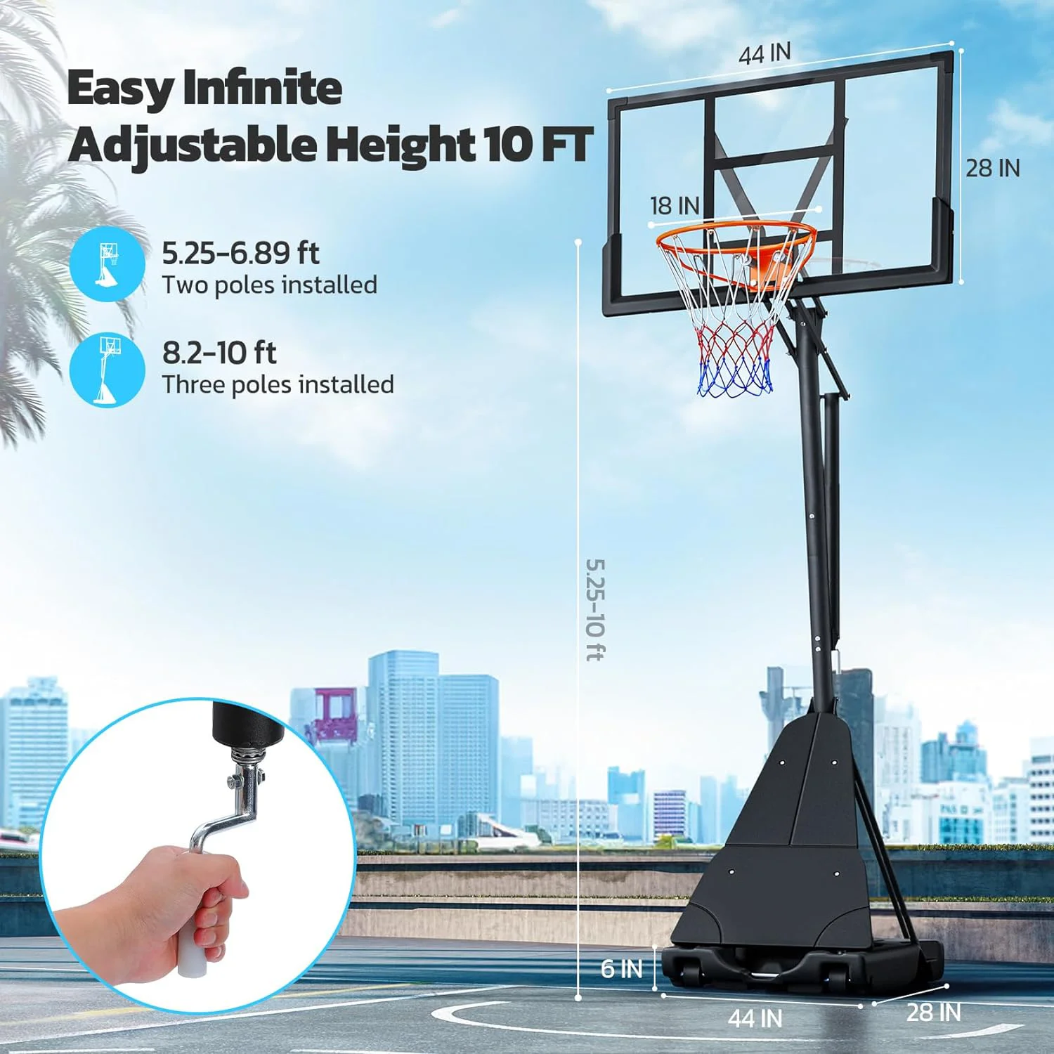 Basketball Hoop System,Quickly Height Adjustable 5.25-10ft,Dprodo 44 inch PC Backboard Portable Basketball Goal for Outdoor Indoor Court