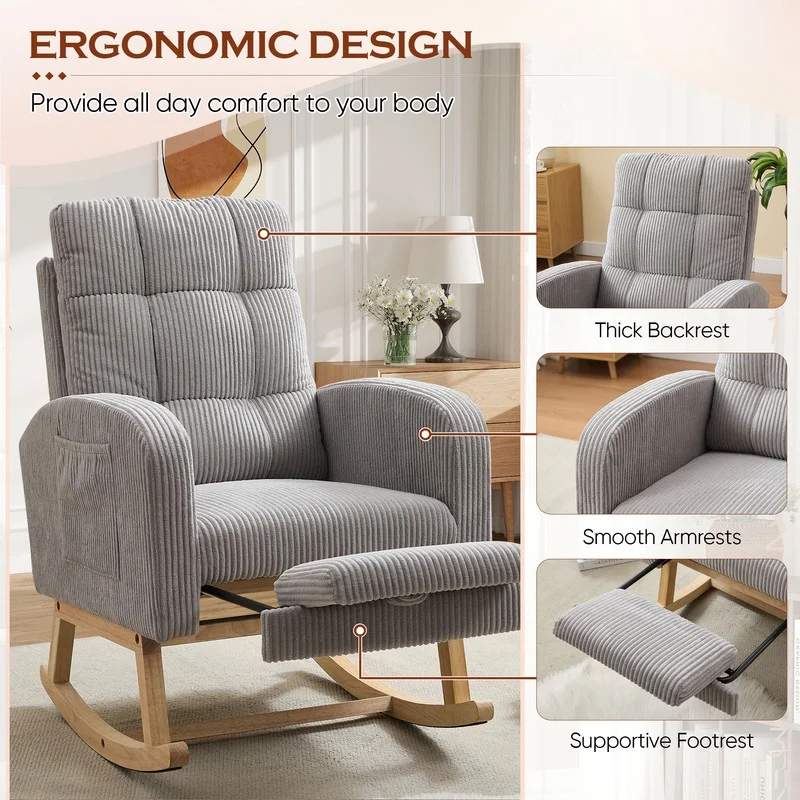 FFH Rocking Chair Nursery, Tufted Accent Rocker Chair, Upholstered Armchair with Adjustable Footrest, Side Pocket, High Backrest, Padded Seat, Polyester Blend (Retro, Dark Gray)