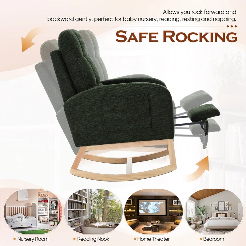 FFH Rocking Chair Nursery, Tufted Accent Rocker Chair, Upholstered Armchair with Adjustable Footrest, Side Pocket, High Backrest, Padded Seat, Polyester Blend (Retro, Dark Gray)