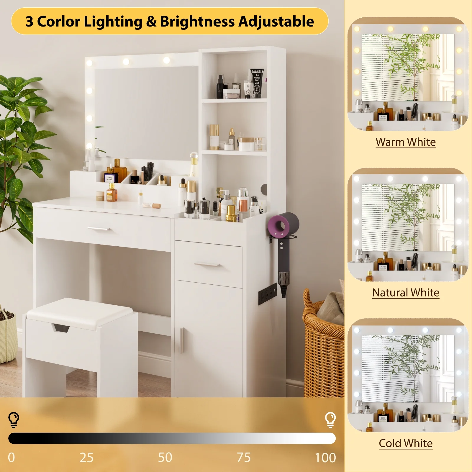 Vanity Table Set with Mirrors and Adjustable Lights ,Makeup vanity With Power Outlet for Bedroom Dressing Room,White