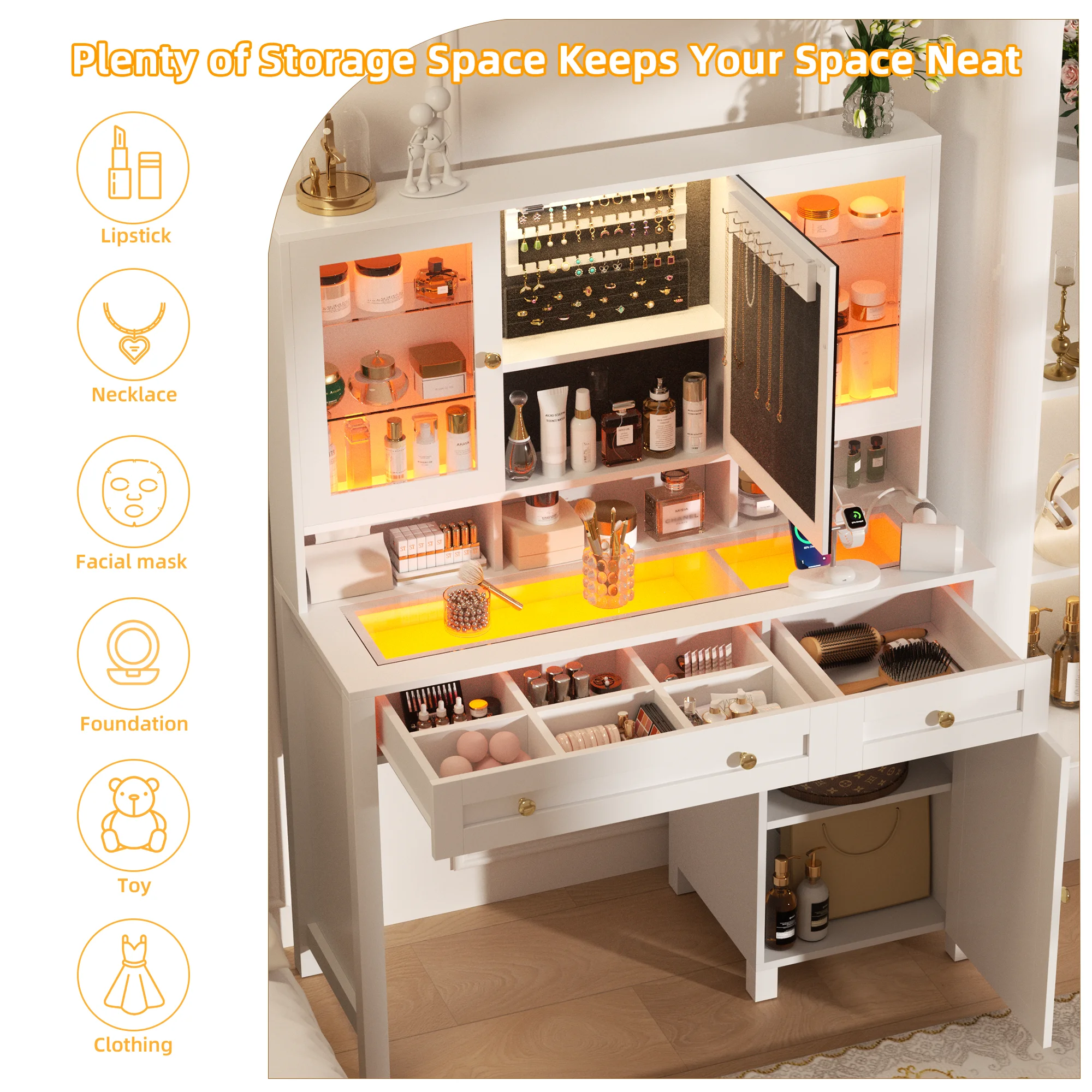 Semoic White Makeup Vanity Desk with LED Mirror and RGB Lights and Power Outlet, Morden Glass Top Vanity Table with Drawer & Storage Cabinet & Adjustable Shelves, Large Dressing Table for Bedroom