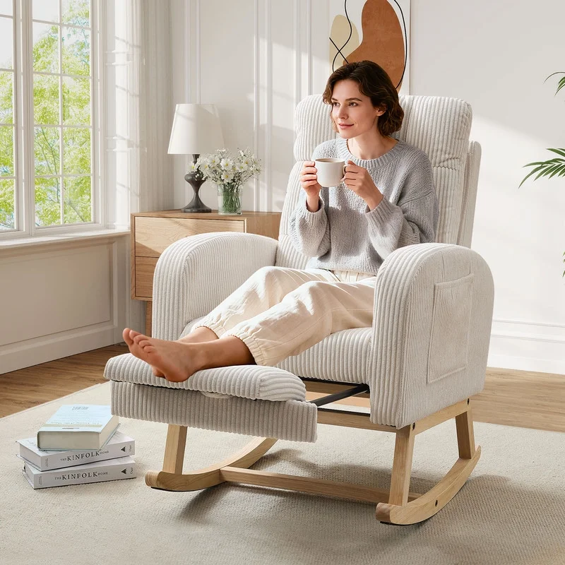 FFH Rocking Chair Nursery, Tufted Accent Rocker Chair, Upholstered Armchair with Adjustable Footrest, Side Pocket, High Backrest, Padded Seat, Polyester Blend (Retro, Dark Gray)