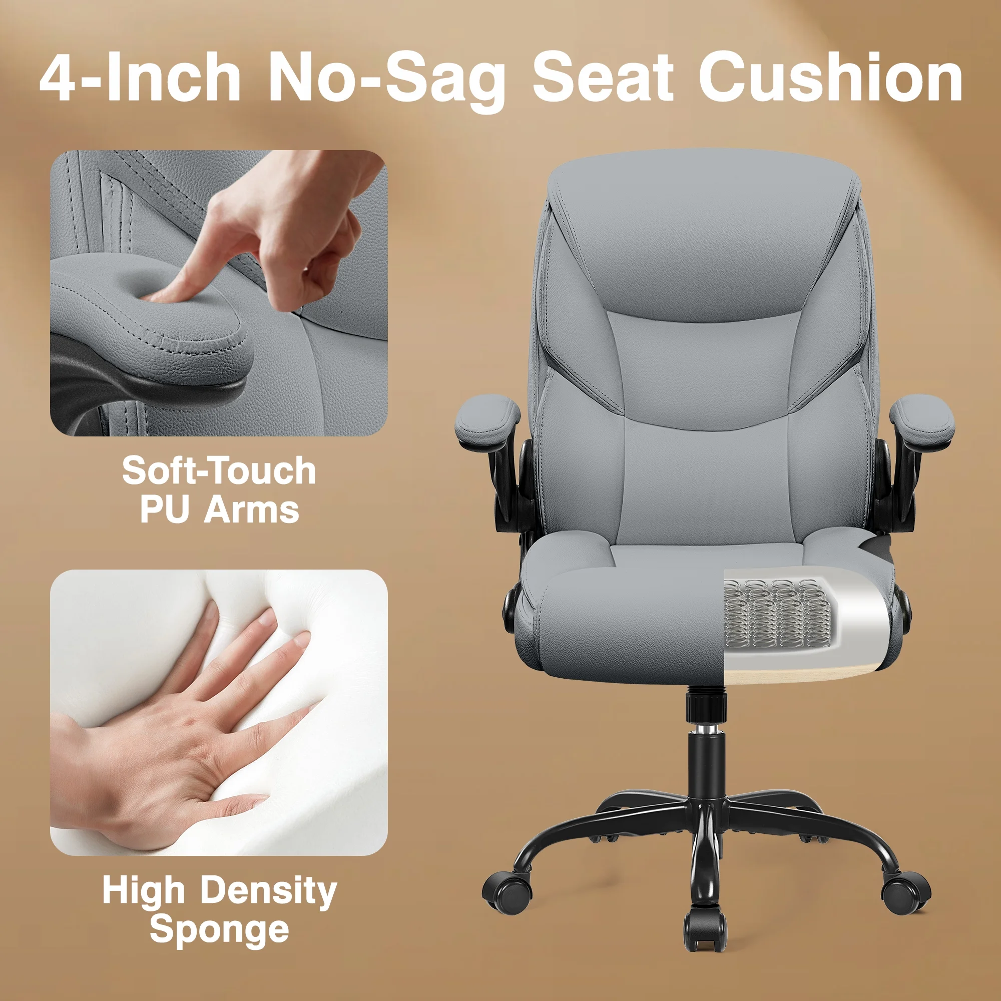 Primy Compact PU Leather Office Chair - Ergonomic Adjustable Height Computer Desk Chair with Flip-Up Armrests, Mid-Back Executive Swivel Chair on Wheels for Small Spaces & Petite Users, Black