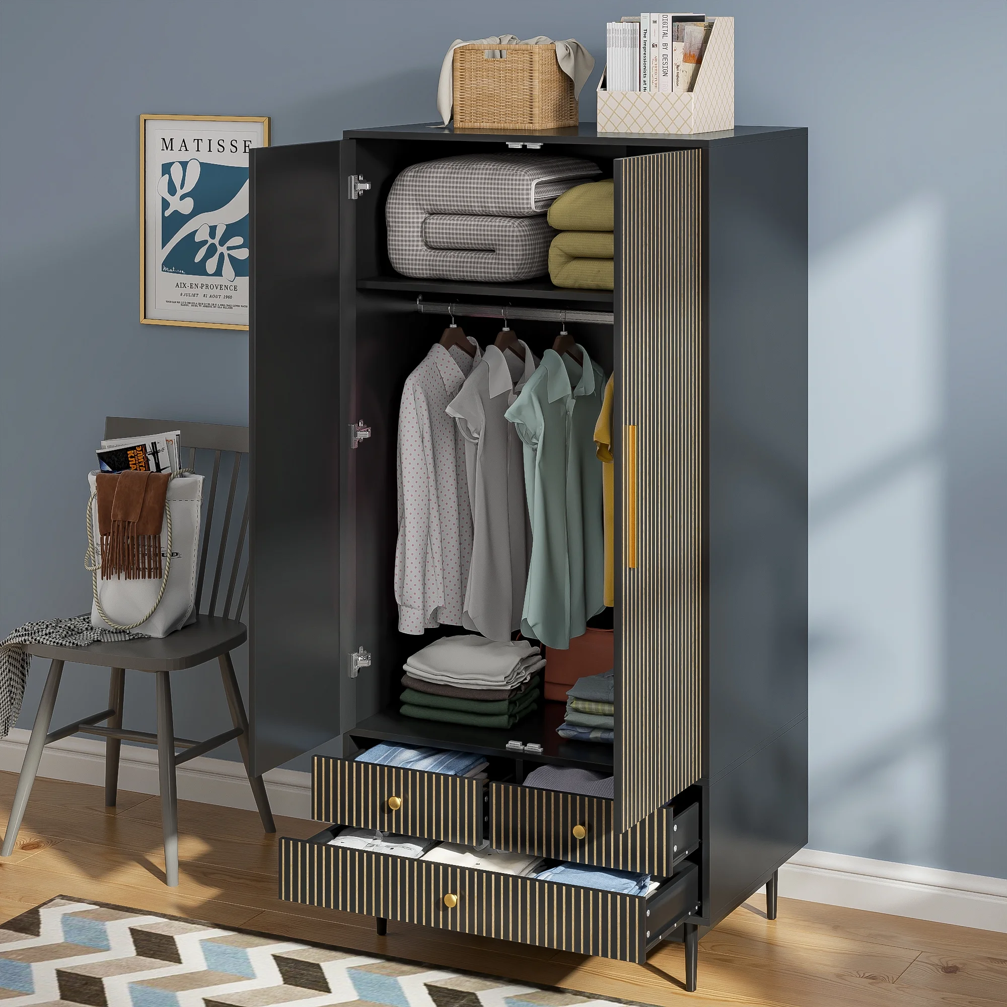 Armoire Wardrobe Closet, Closet Wardrobe Cabinet with Drawers and Hanging Rail for Bedroom, White