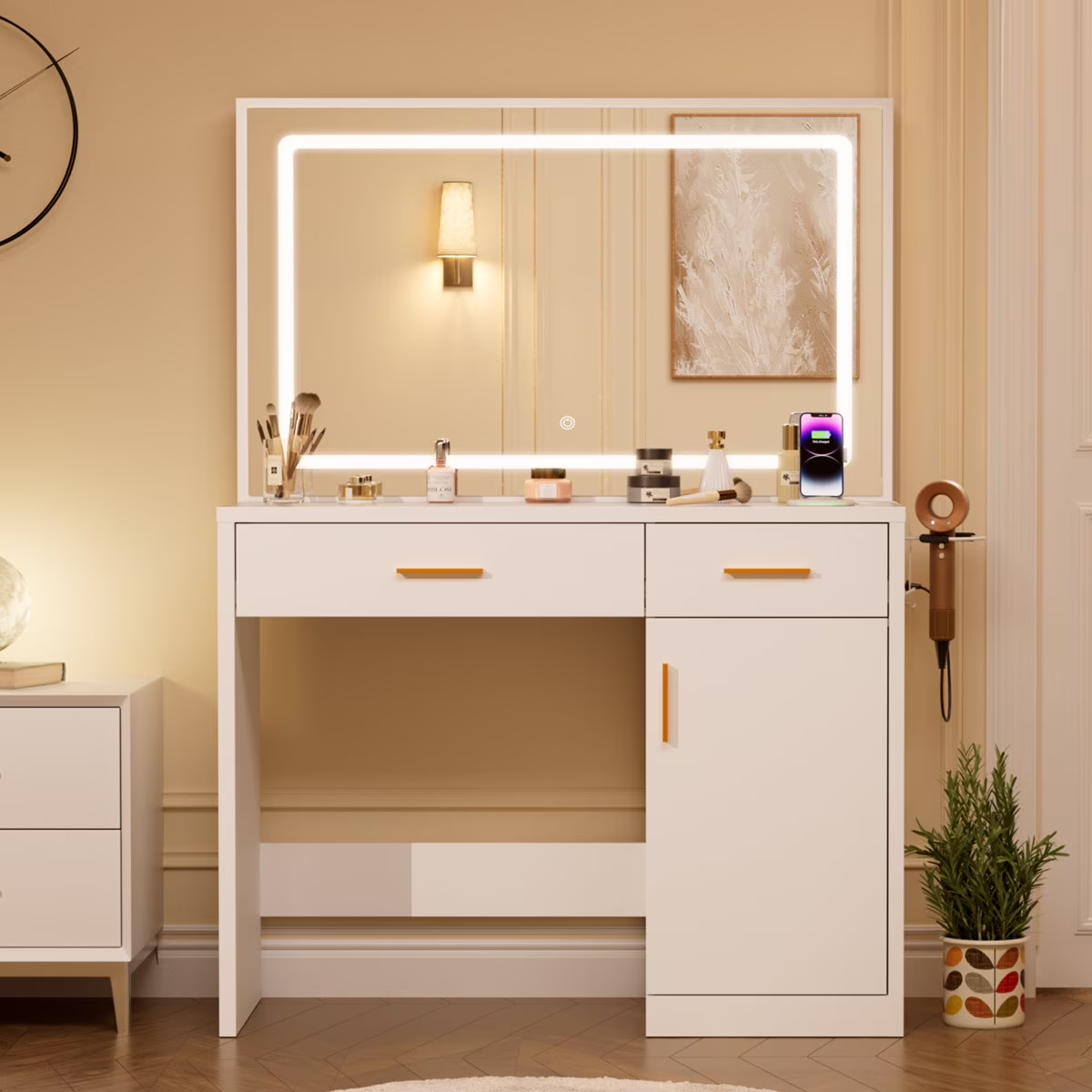 Blorly White Vanity Desk with Mirror, Makeup Vanity Table with LED Lights and Power Outlet, 3 Drawer, 4 Shelves, 1 Cabinet