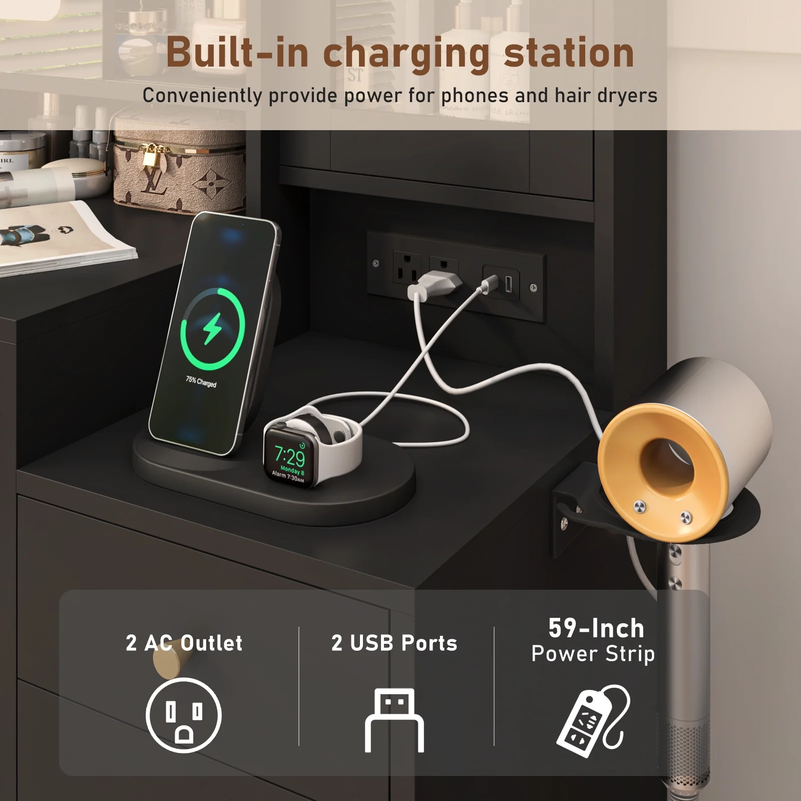 White Vanity Desk with Sliding Mirror & Lights, Vanity Table Makeup Desk with Charging Station 2 Drawers 2 Doors, Lots of Storage Shelves, Large Vanity Set with Cushioned Stool