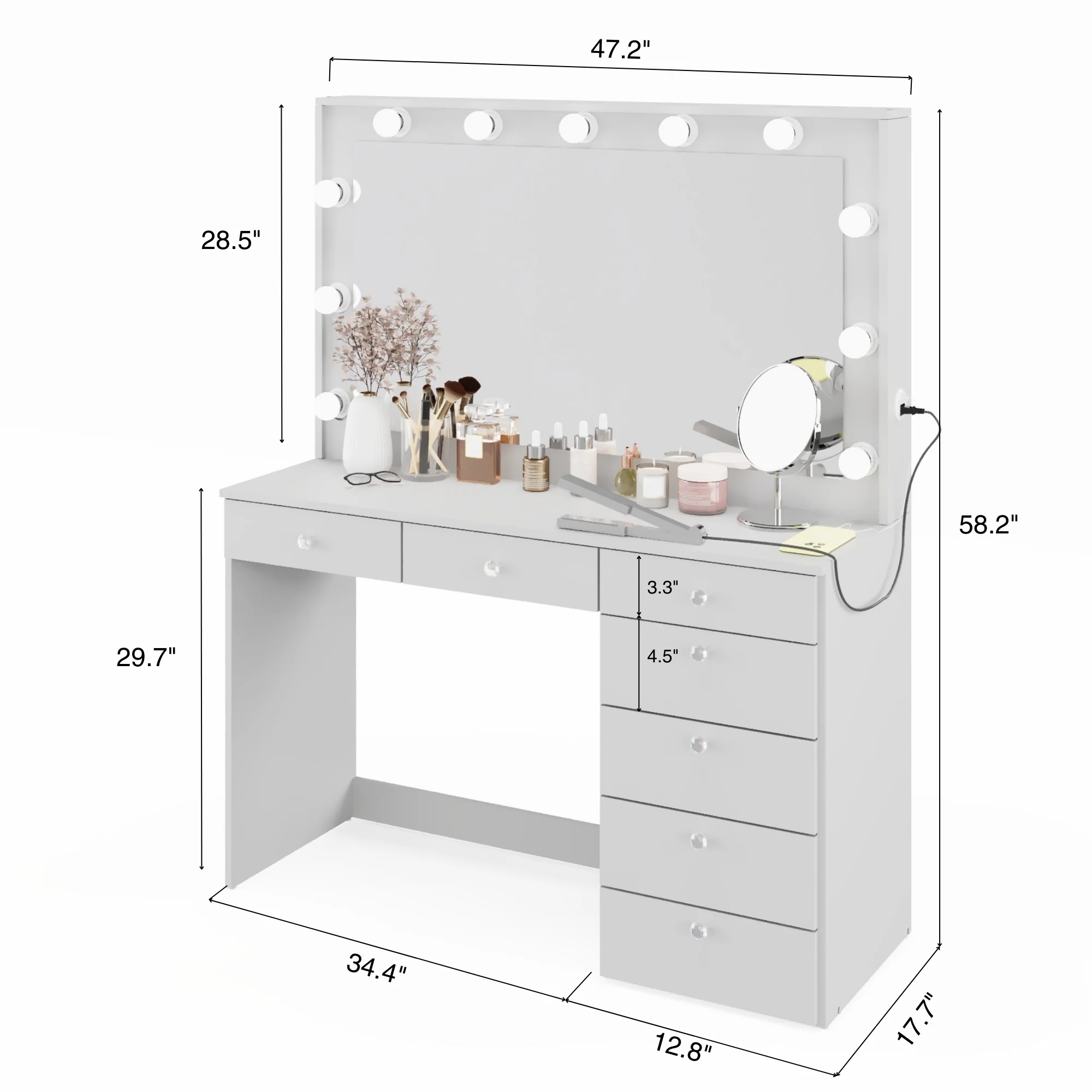 Boahaus GRWM Diana White Makeup Vanity with 7 Drawers, Mirror, Lights & Charging Station