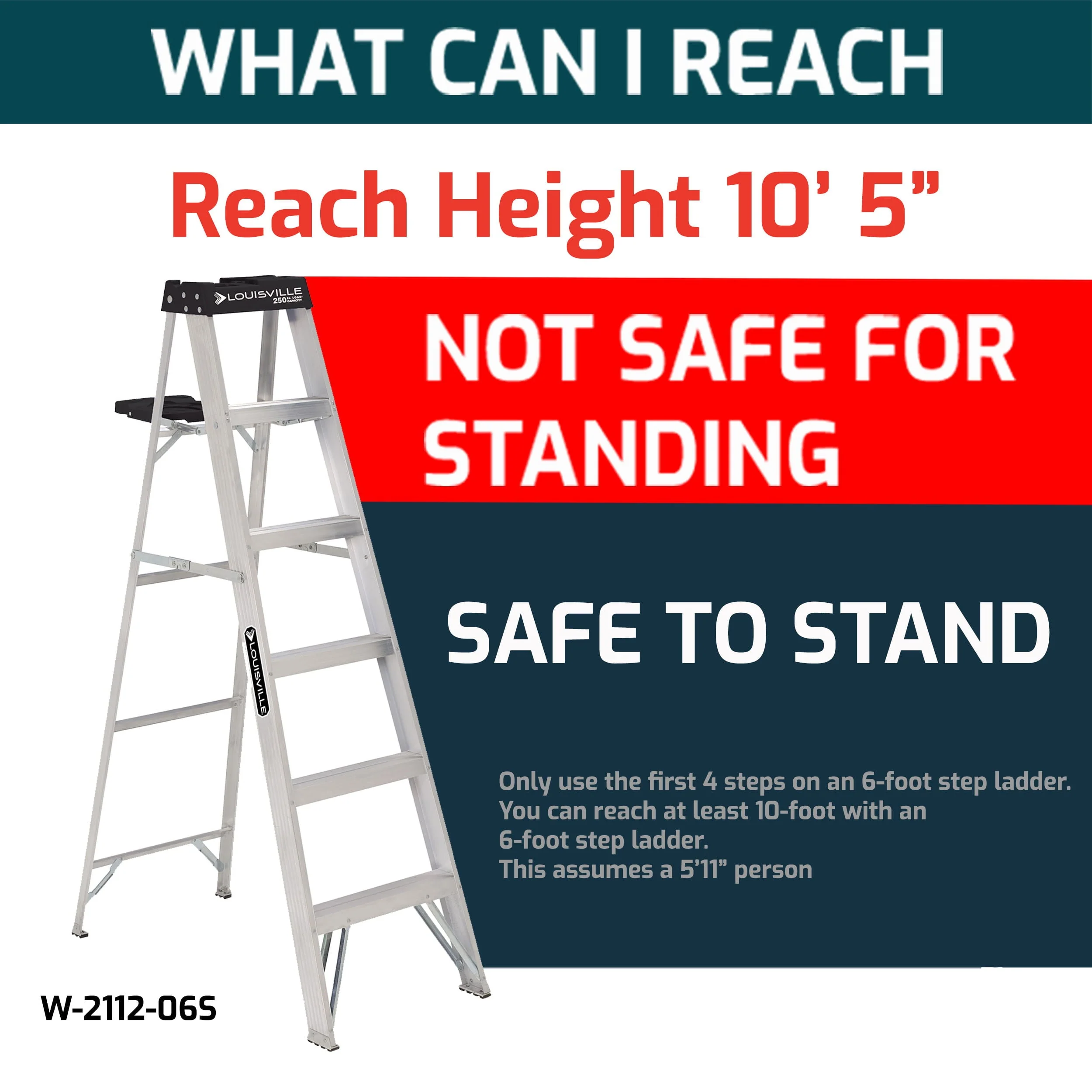 Louisville Ladder 6' Aluminum Step Ladder, 10' Reach, 250 lbs Load Capacity, W-2112-06S