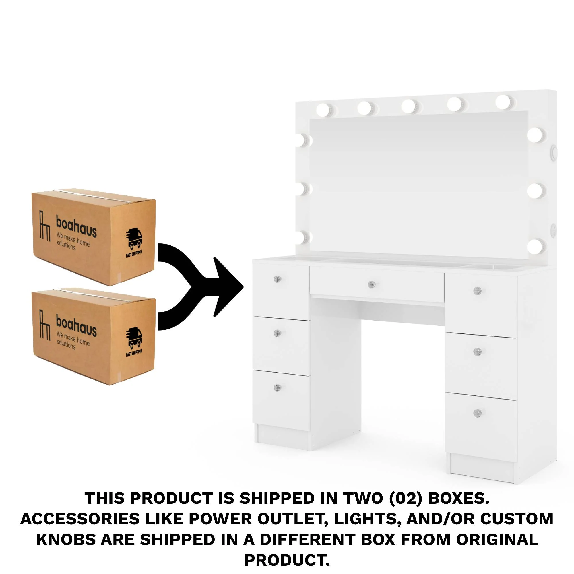 Ember Interiors Ibbie White Makeup Vanity with Glass Top, Lights, Charging Station