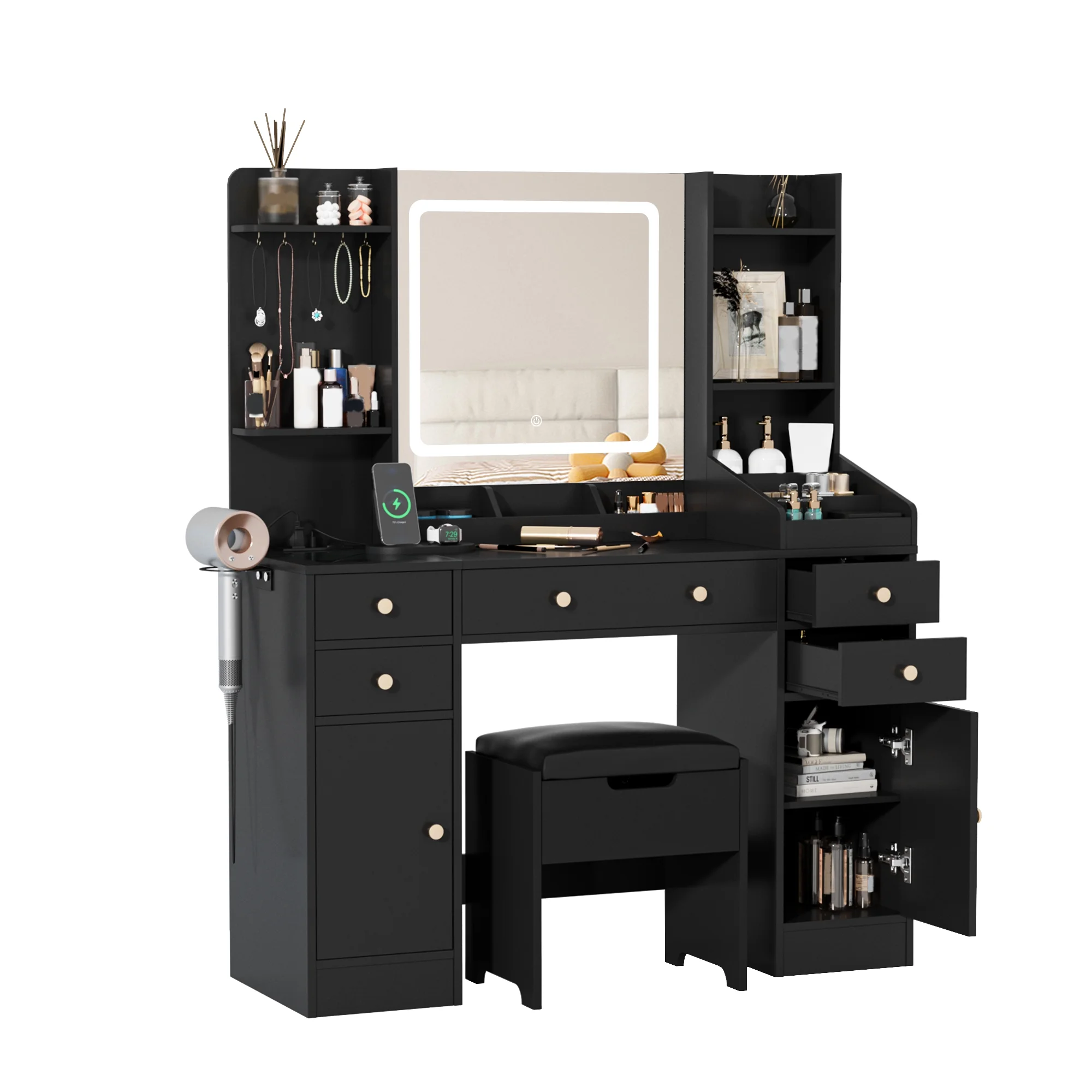 Vanity Set with Mirror and Lights, Makeup Table with Charging Station,5 Drawers & Storage Shelves, White