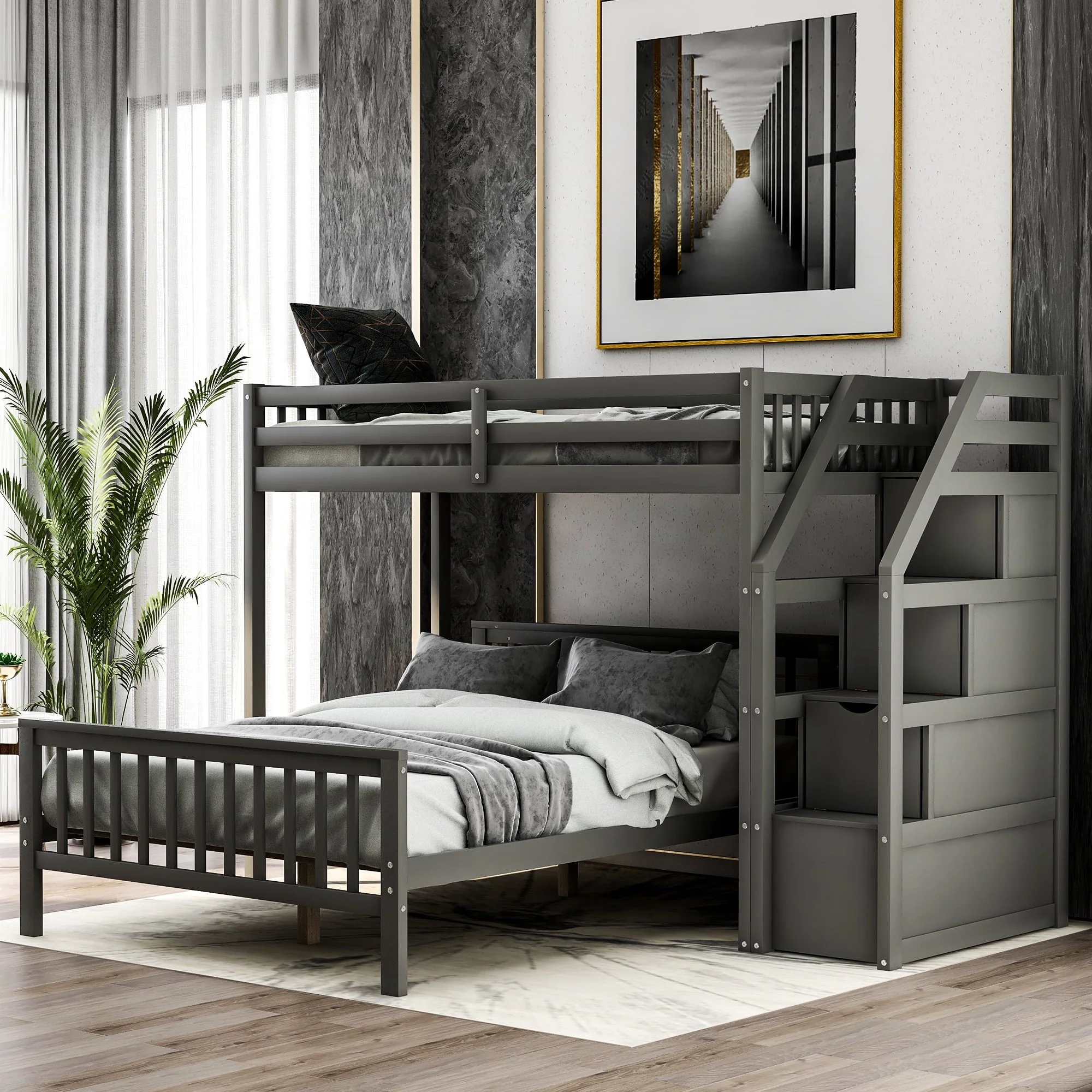 Euroco Wood Stairway Twin Loft Bed with Full Platform and Drawer