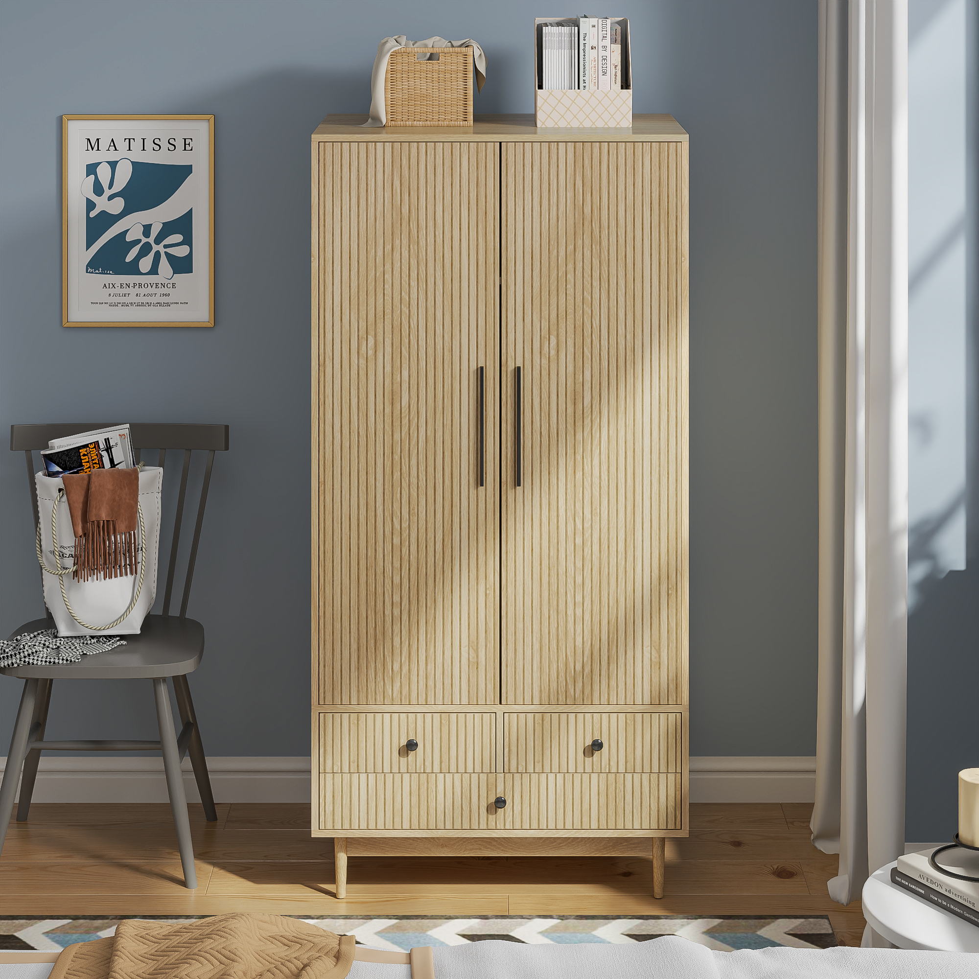 Armoire Wardrobe Closet, Closet Wardrobe Cabinet with Drawers and Hanging Rail for Bedroom, White