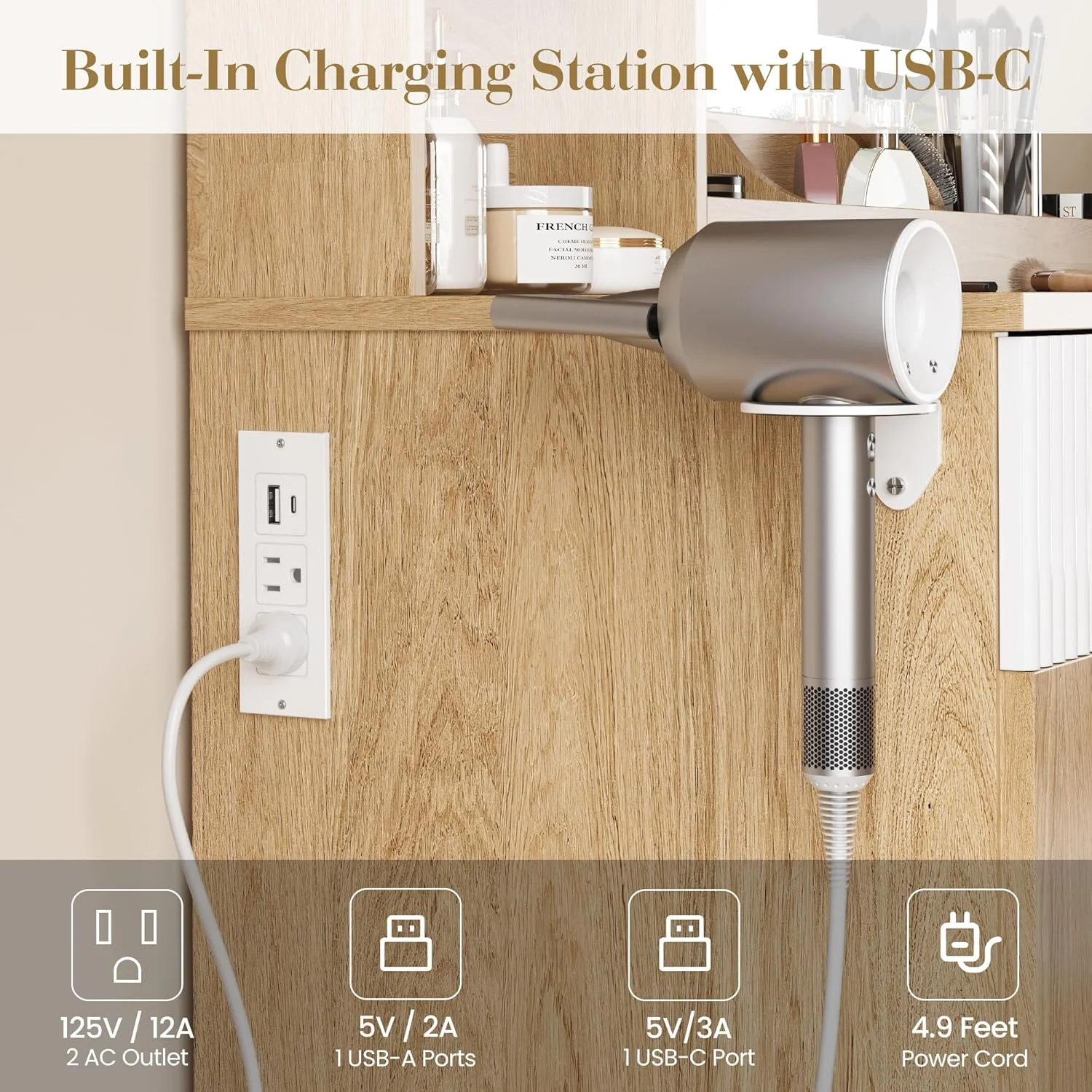 M optimized Vanity Desk with Mirror and Lights, Power Outlets Makeup Table with Drawers & Cabinet, Storage Stool, Dressing Table for Bedroom