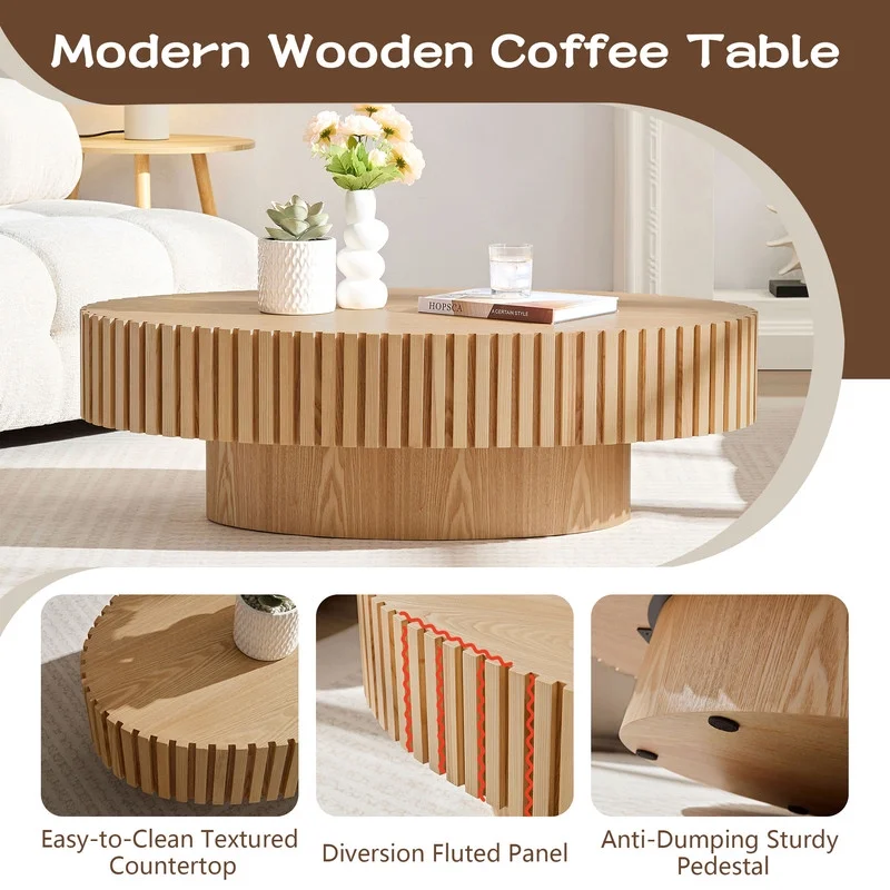 FFH 43.7 inch Oval Coffee Table for Living Room,Handcraft Rustic Corner Coffee Table Nature Wood Relief Sturdy Pedestal for Apartmen,Side Table Centre Table,Nature Wood