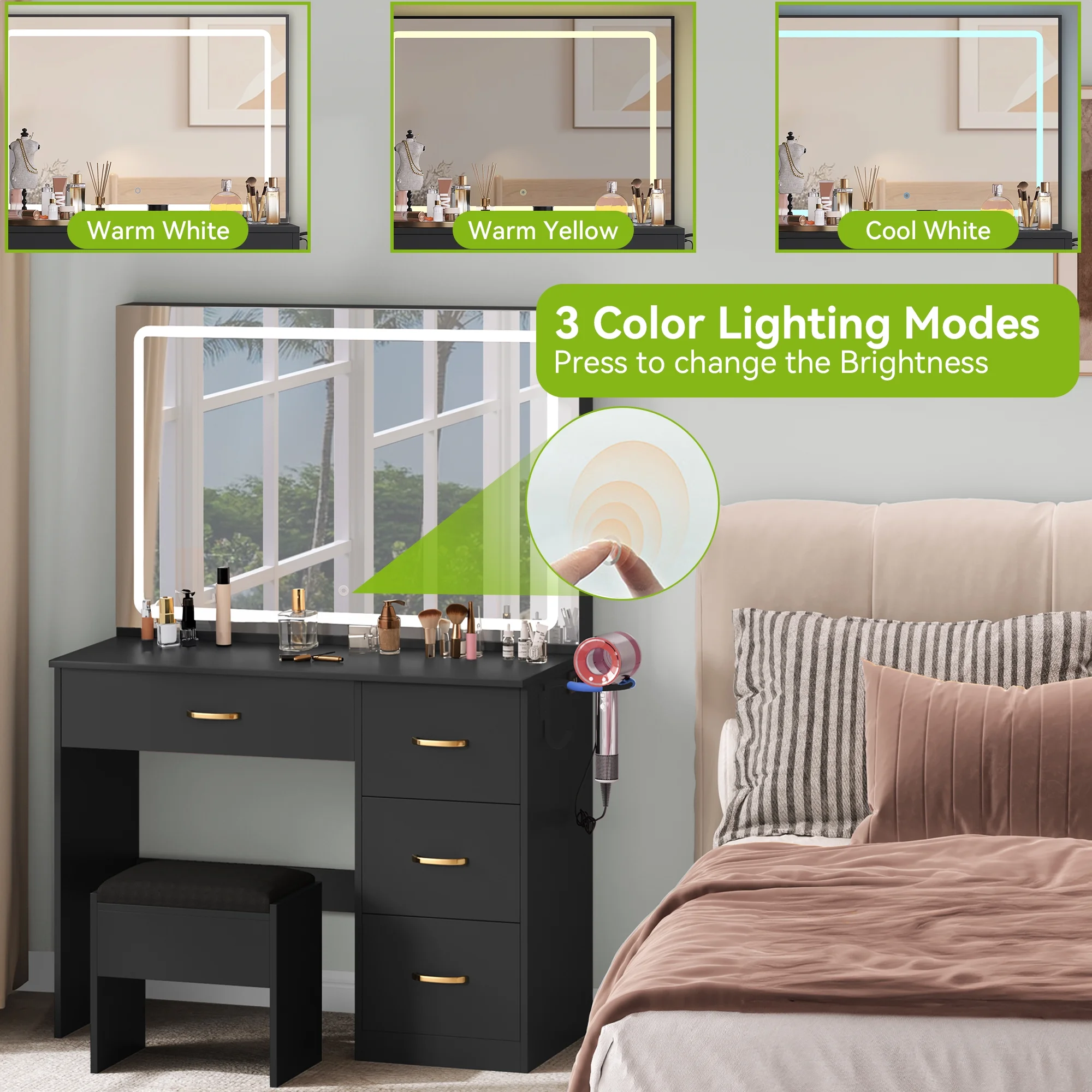 Dextrus Makeup Vanity Desk with Large Lighted Mirror and Storage - Enhance Your Beauty, Routine 4 Drawer Vanity Table with Cushioned Stool, Milky-White