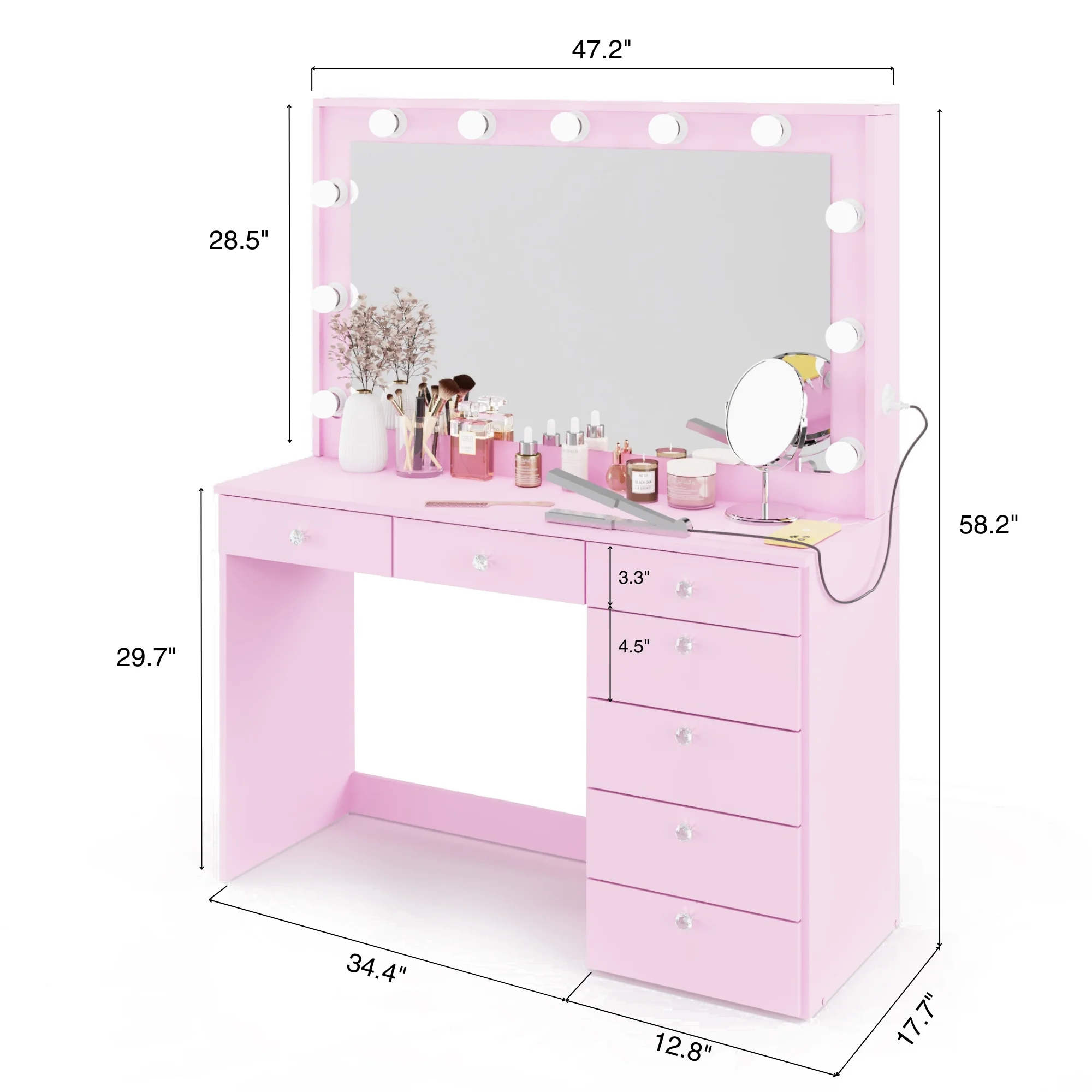 Boahaus GRWM Diana White Makeup Vanity with 7 Drawers, Mirror, Lights & Charging Station