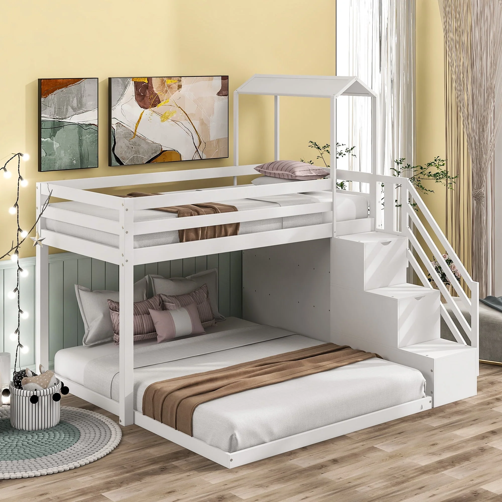 EUROCO Twin over Full Roof Bunk Bed with Staircase and Shelves for Bedroom, White