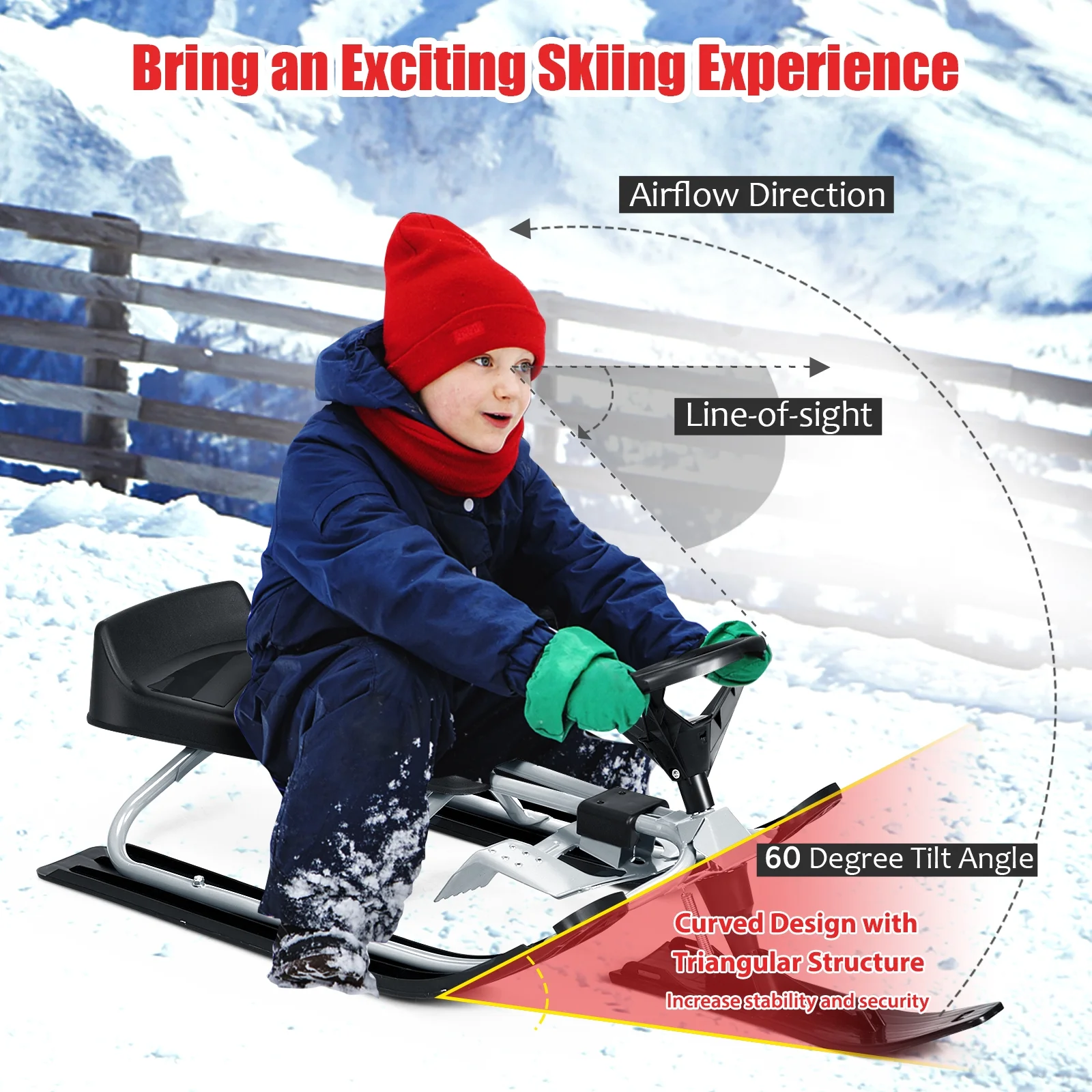 Costway Kids Snow Racer Sled w/ Steering Wheel & Double Brakes Pull Rope Snow Slider