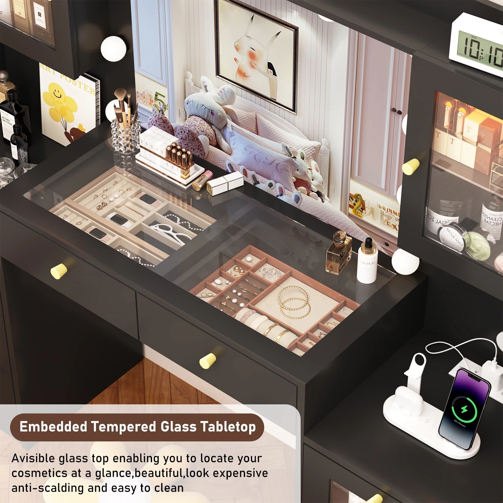 ChVans 62'' Large Vanity Desk with Tempered Glass Top, 11 LED Bulbs, Charging Station, Bedroom Makeup Vanity with 3 Lights Mode LED Mirror, 6 Translucent Drawers, 2 RGB cabinets for Women, Girls Gift