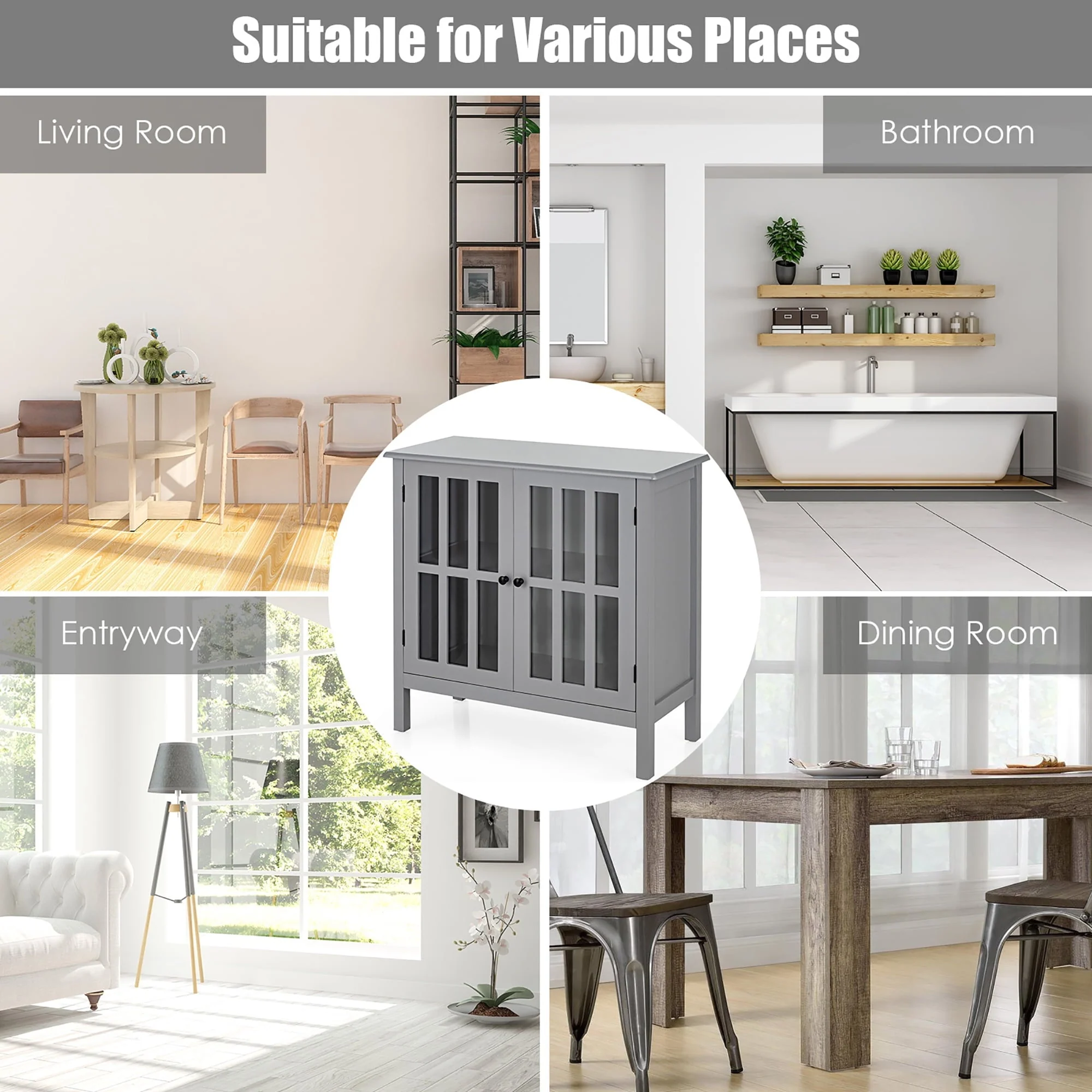 Costway Storage Buffet Cabinet Glass Door Sideboard Console Table Server Gray