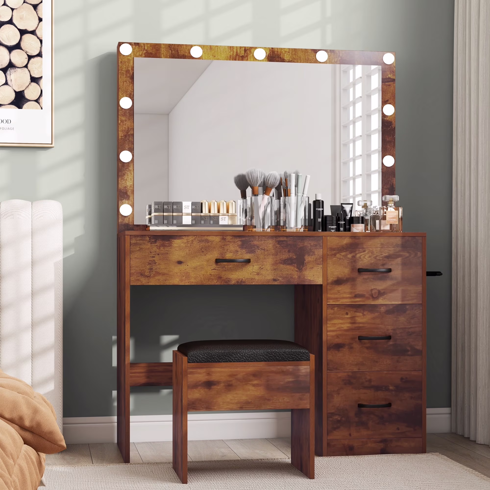 Dextrus Makeup Vanity Desk with Large Lighted Mirror and Storage - Enhance Your Beauty, Routine 4 Drawer Vanity Table with Cushioned Stool, Milky-White